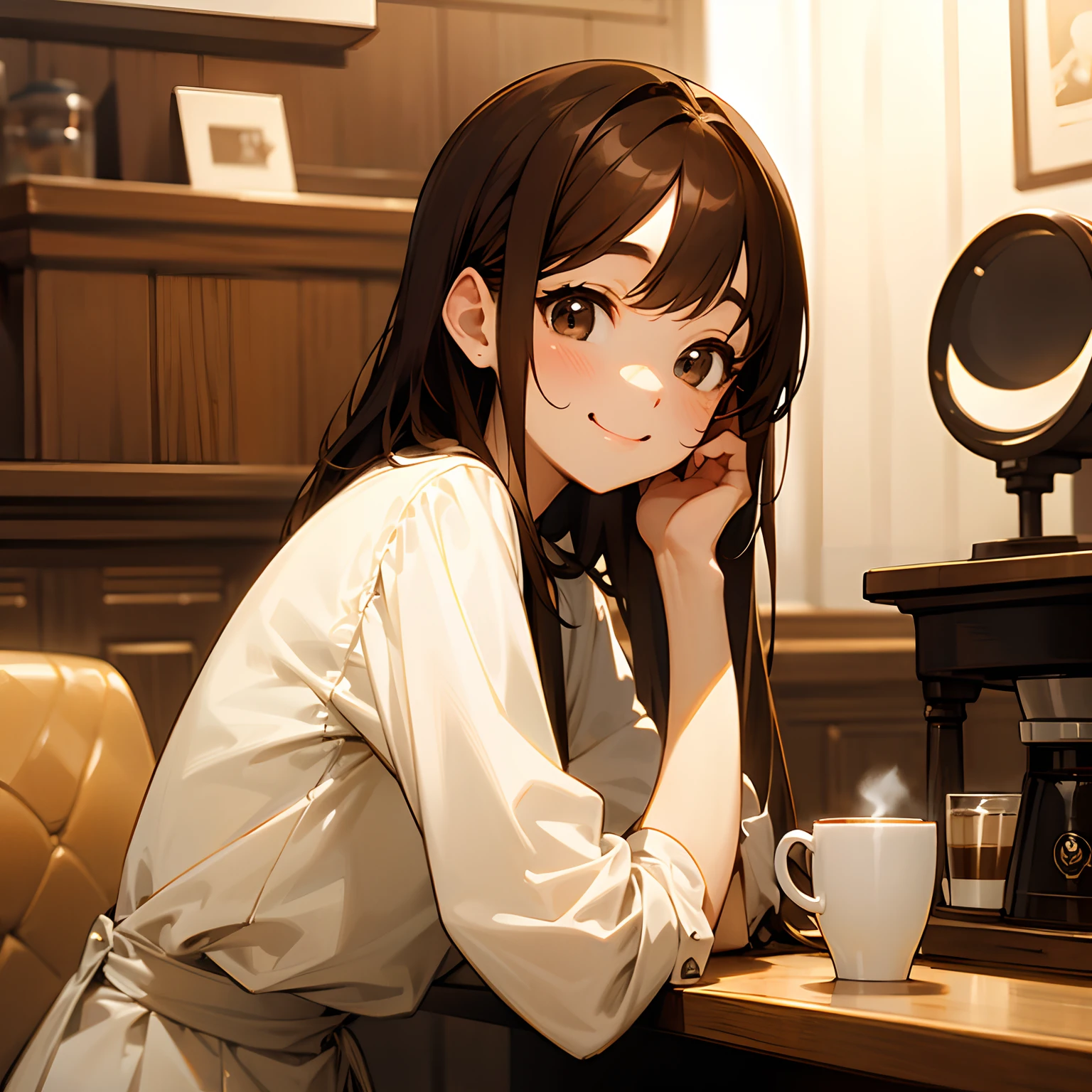 Fluffy atmosphere、Beautiful woman、kawaii、Smiling with mouth closed、Brown hair、A stylish café with big eyes、coffee、Listening