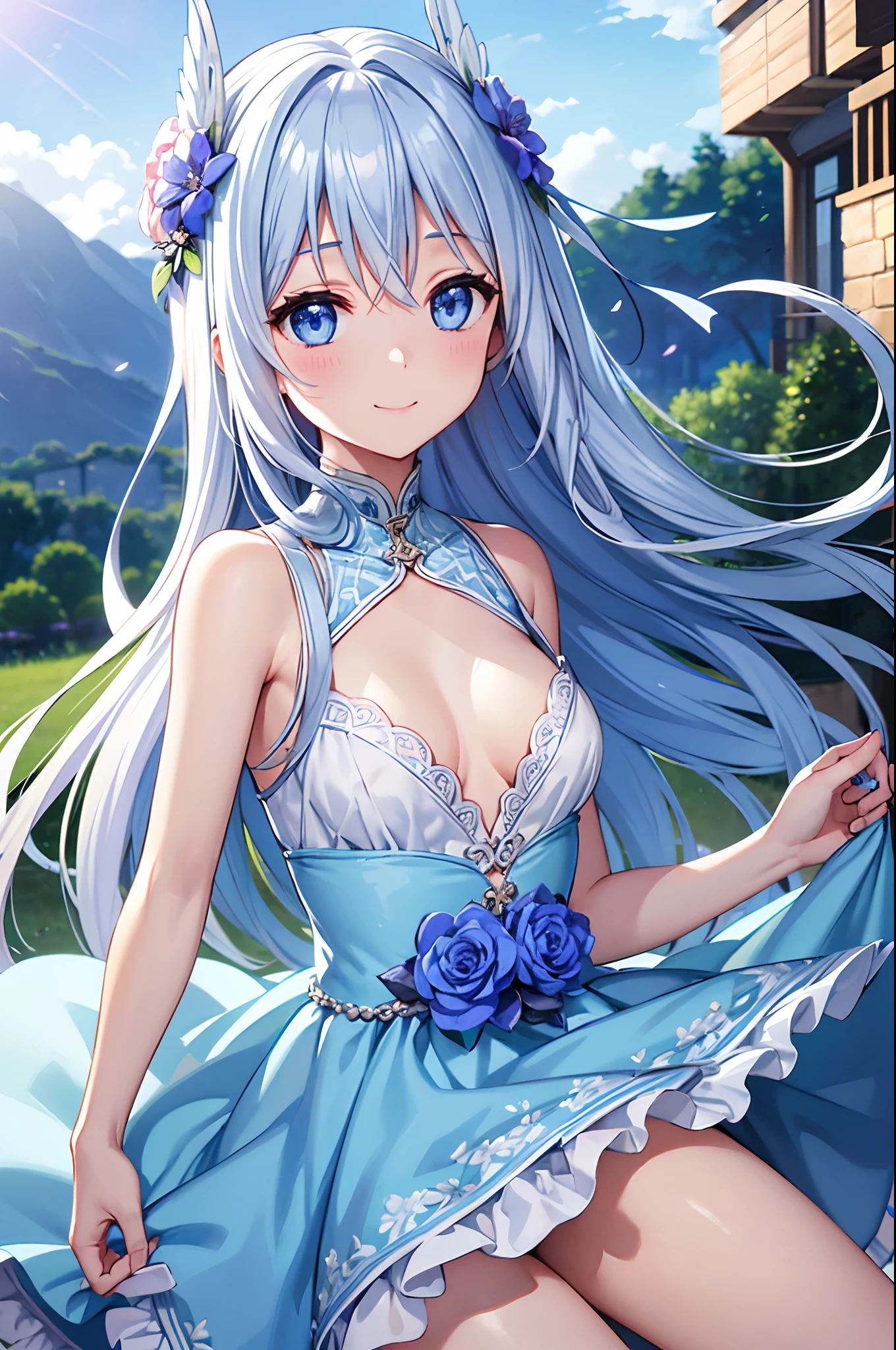 top-quality、Floral hair ornament、light blue eyes、a small face、Light blue long hair、Hair fluttering in the wind、A charming smile、huge tit、Open chest、Silver Dress、beauty legs、flower field、evening、Background blur