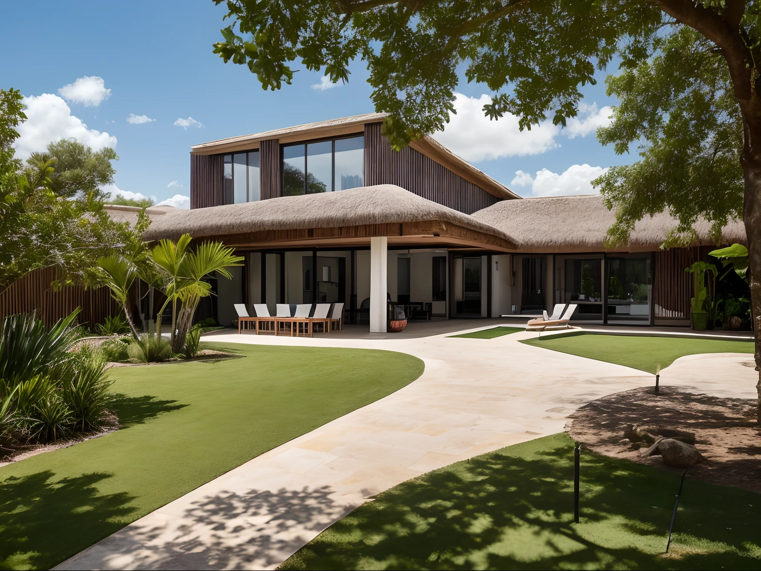 RAW photo, real, best quality, land area 1 hectarem, a green park accounting for 50%, Tropical architecture, 1-storey building, thatched roof, curvy form, project in the countryside, The overall perspective of the complex includes showroom, restaurants, outdoor parking lot and car parked outside, scale, very very very high details, beautiful skylight, real sky
