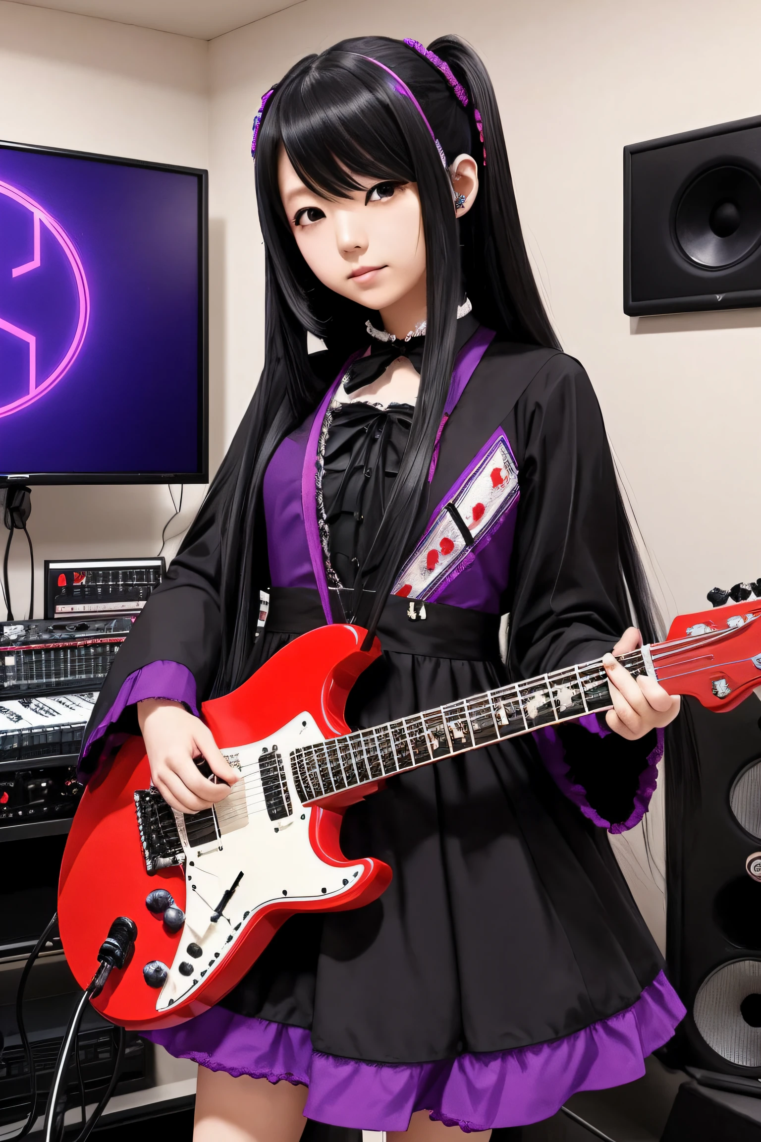 Japanese Girl J Rock Line, Very long hair black-red, Wearing a multi-colored gothic ta dress, Purple Electric Guitar, Play electric guitar in the recording room.