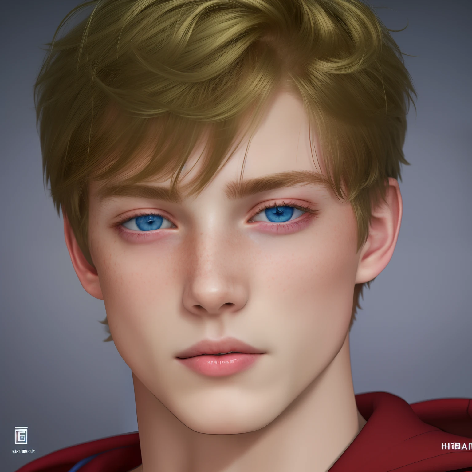 best quality, highres, absurdres, ultra-detailed, white, _boy, soft_blue, blue_eyes, blond, dirty_blond_hair, red_hoodie, faint_freckles, real, human_real