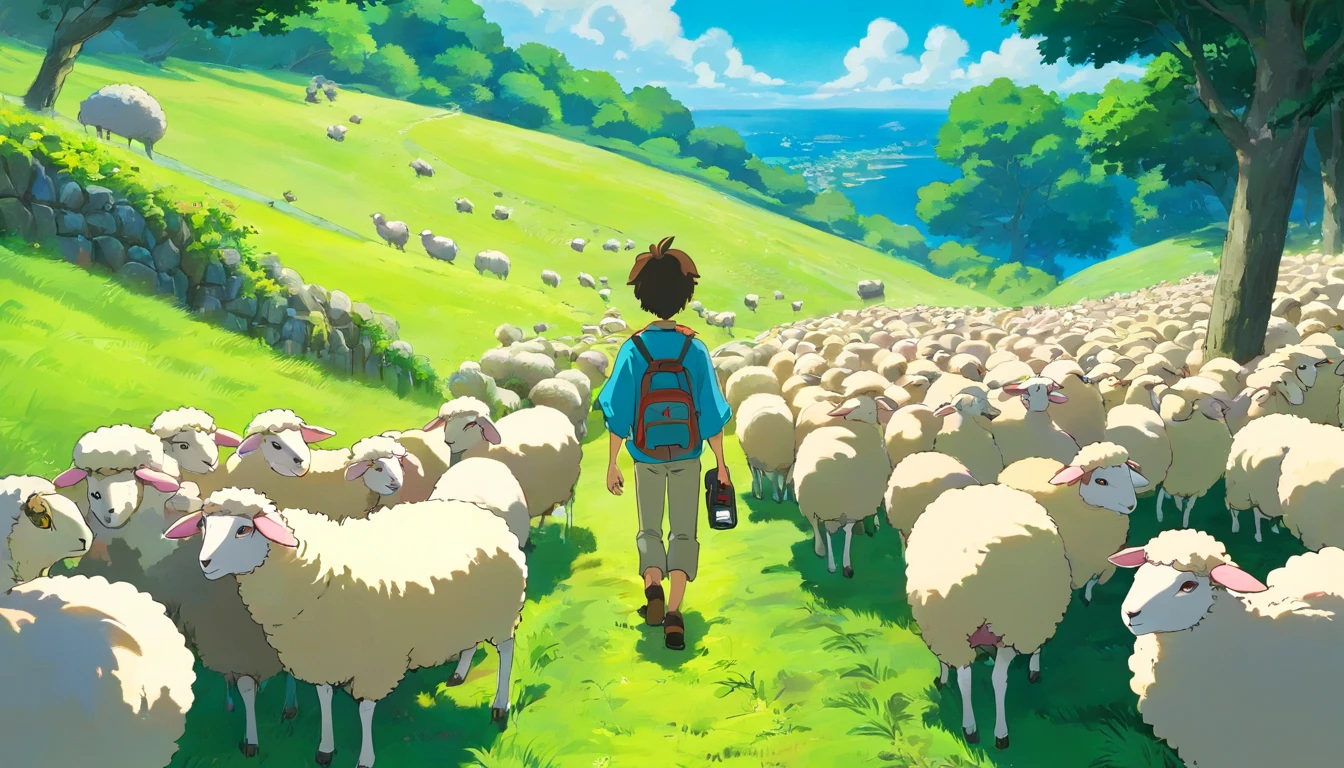 A boy strolling around hill with a headphone and sheeps,. The scene should be dark