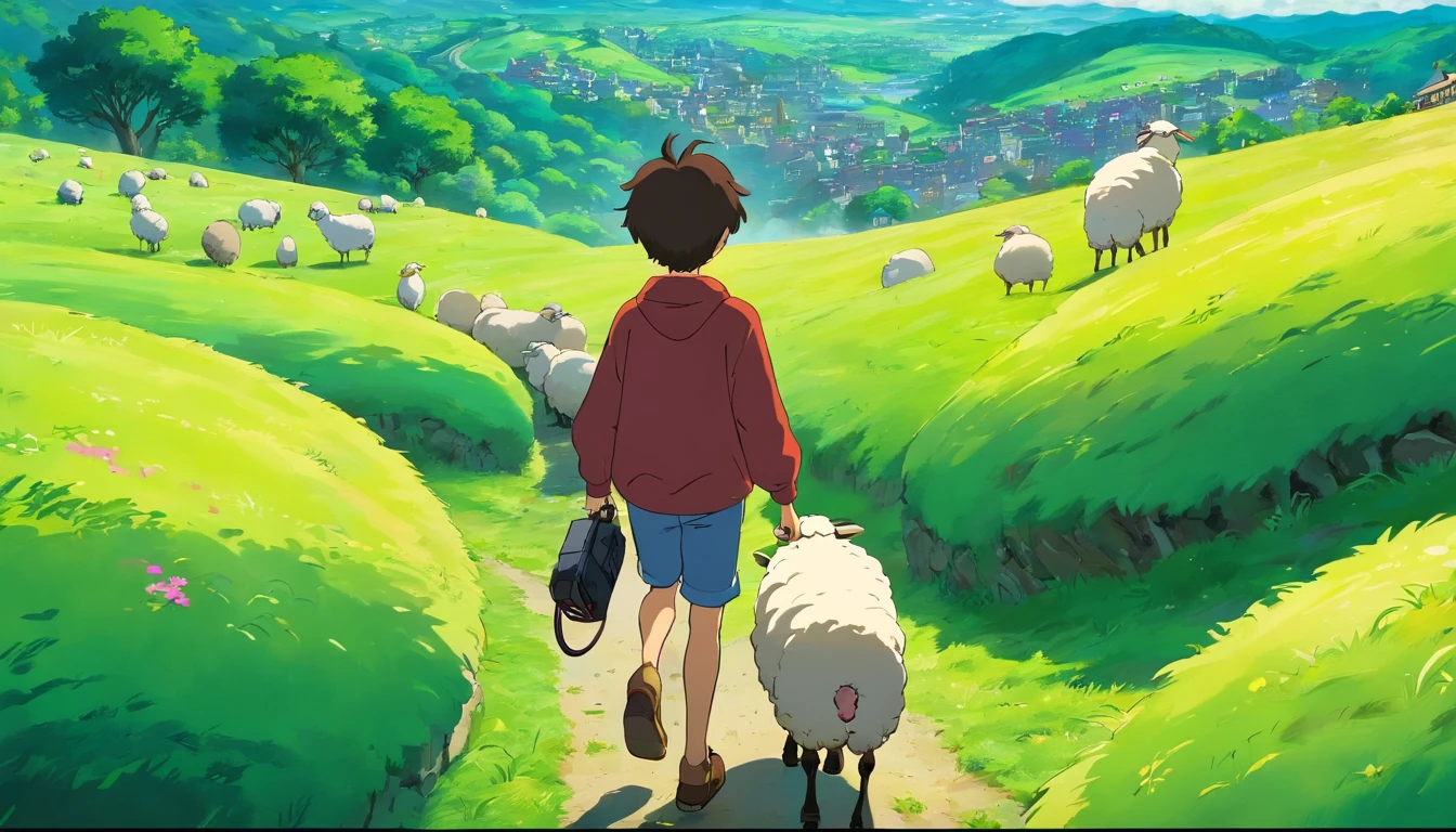 A teenage boy strolling around hill with a headphone and sheeps,. The scene should be dark