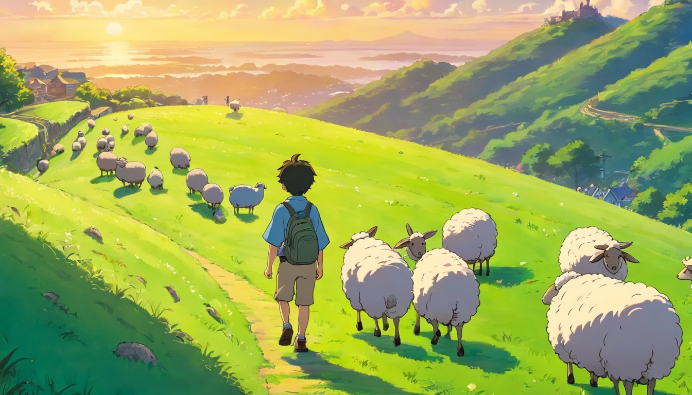 A teenage boy strolling around hill with a headphone and sheeps,. The scene should be dark