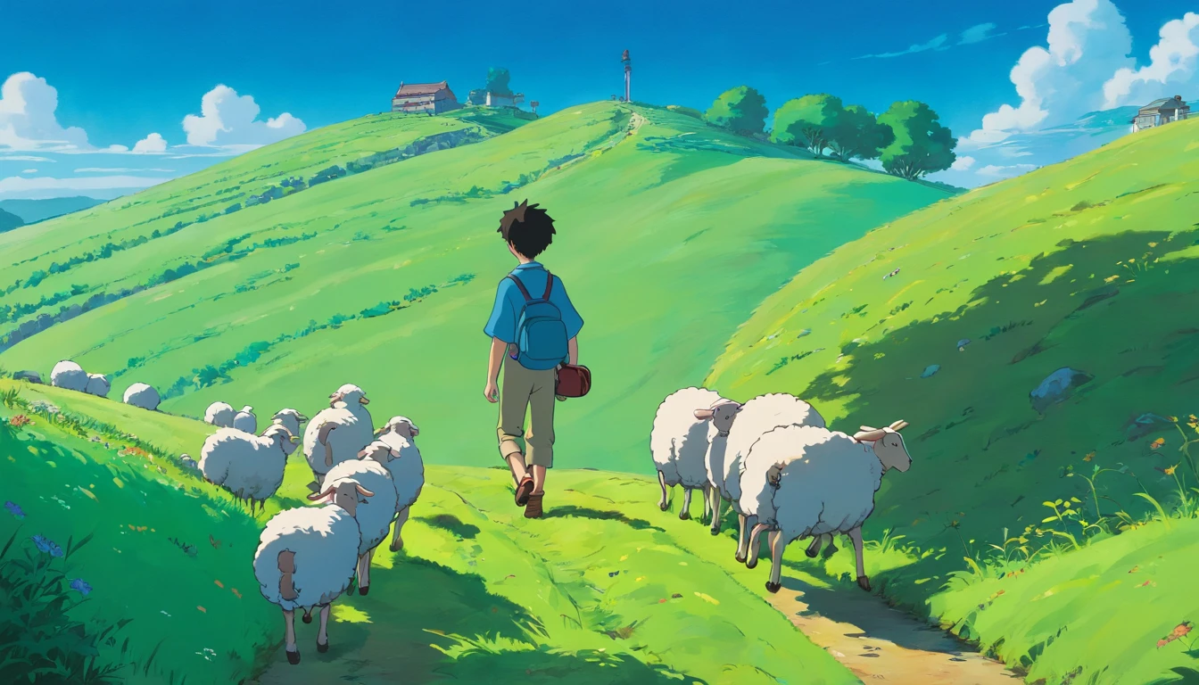 A boy strolling around hill with a headphone and sheeps,. The scene should be dark