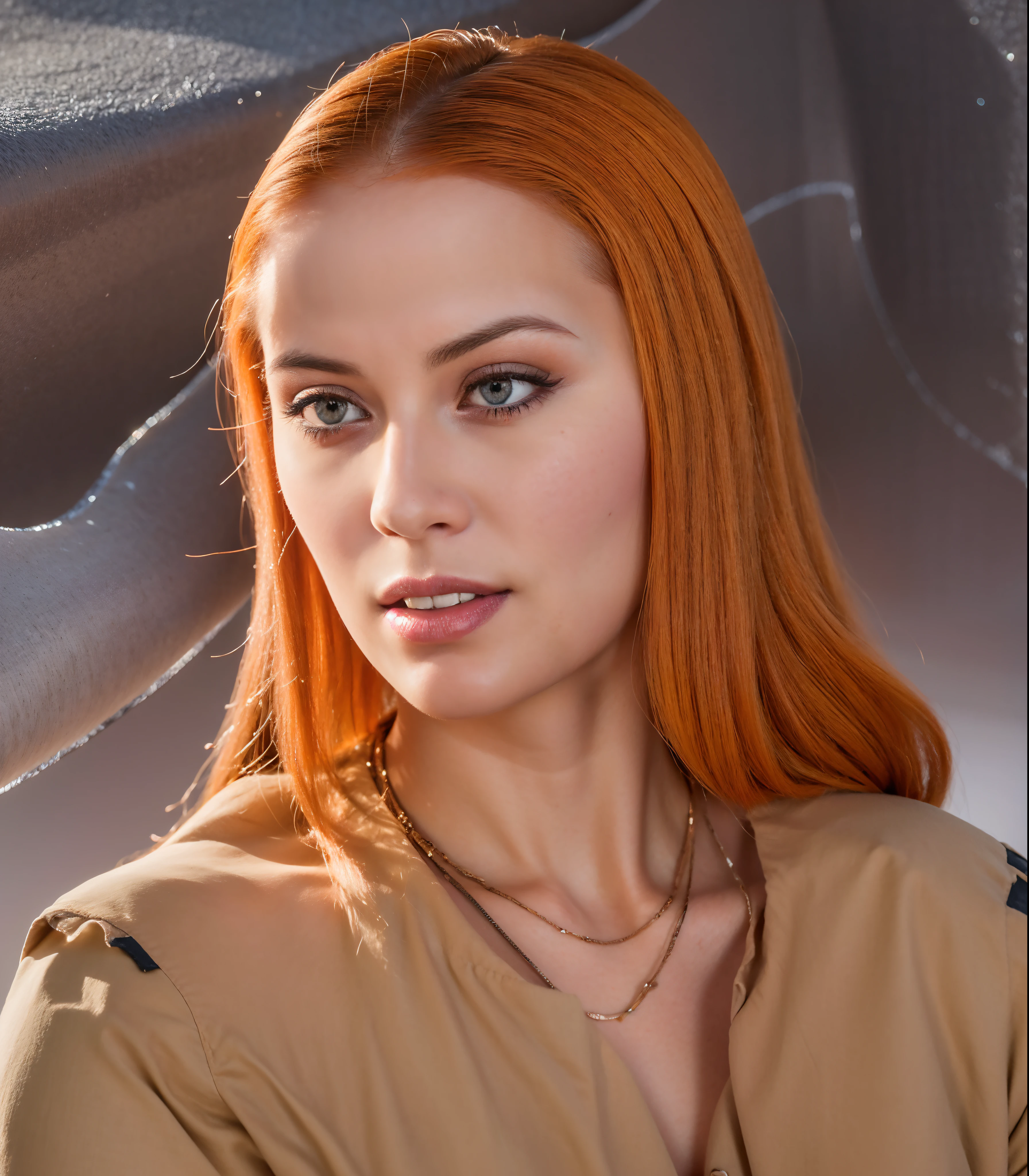 High quality image, masterpiece, detailed hair texture, detailed skin texture, detailed cloth texture, 8k, add fabric details, ultra detailed skin texture, ultra detailed photo, skin pores, portrait of a girl, orange hair, wearing t-shirts, add cloth details, high skin details, realistic hair details