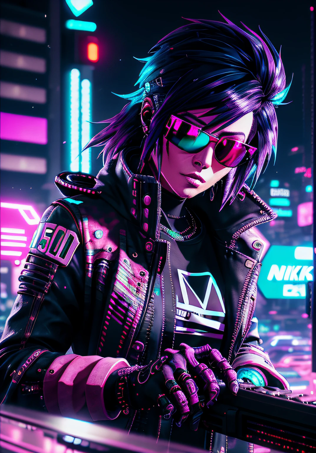 akudama drive style, a woman in sunglasses, synthwave art style, cyberpunk vibe, retrowave vibes, cyberpunk art style, mechanical face, bright cyberpunk glow, synthwave art style, cyberpunk vibes, intricately detailed Splash Art Triadic Color Trend Artstation Unreal Engine 5 Volumetric Lighting, Gothic, High resolution, close-up, ambient light, Nikon 15mm f/1.8G, by GIlSam-paio octane rendering depicting innovation and truth, full body, 8k, by Lee Jeffries, Alessio Albi, Adrian Kuipers, glamour, intricate detailed environment, lace, blurs, dark watercolor background, masterpiece, ornate, depth, 80s