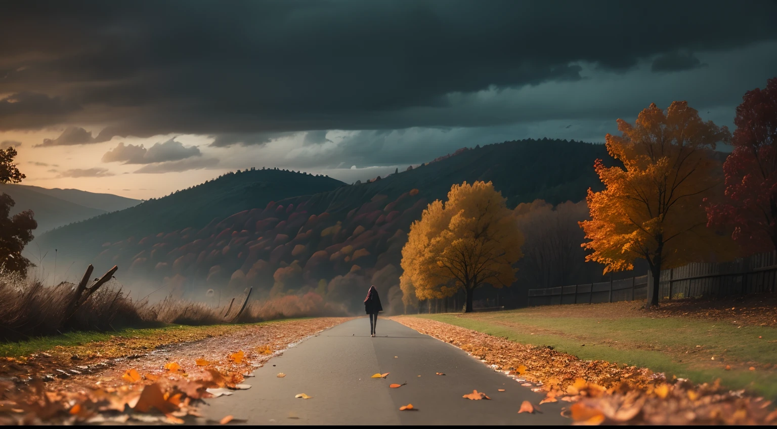 vivid colors,bokeh,landscape,concept,falling leaves,trees,autumnal colors,ambiance,Gothic style,eerie overcast day sky,dried leaves,crispy air,windy gusts,Autumn,Halloween, dark green gras