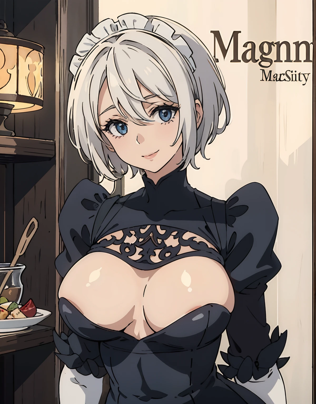 (Best Quality, Masterpiece),sexy mommy, Front cover of a women's cooking magazine, , naked, erotic, 18+, nsfw, 1girl, 30 years old, stunning, cute, heartwarming smile, hourglass figure, Maid costume, beautiful food, text, diagrams, advertisements, magazine title, very short white hair, One strand of hair hangs down over his forehead.