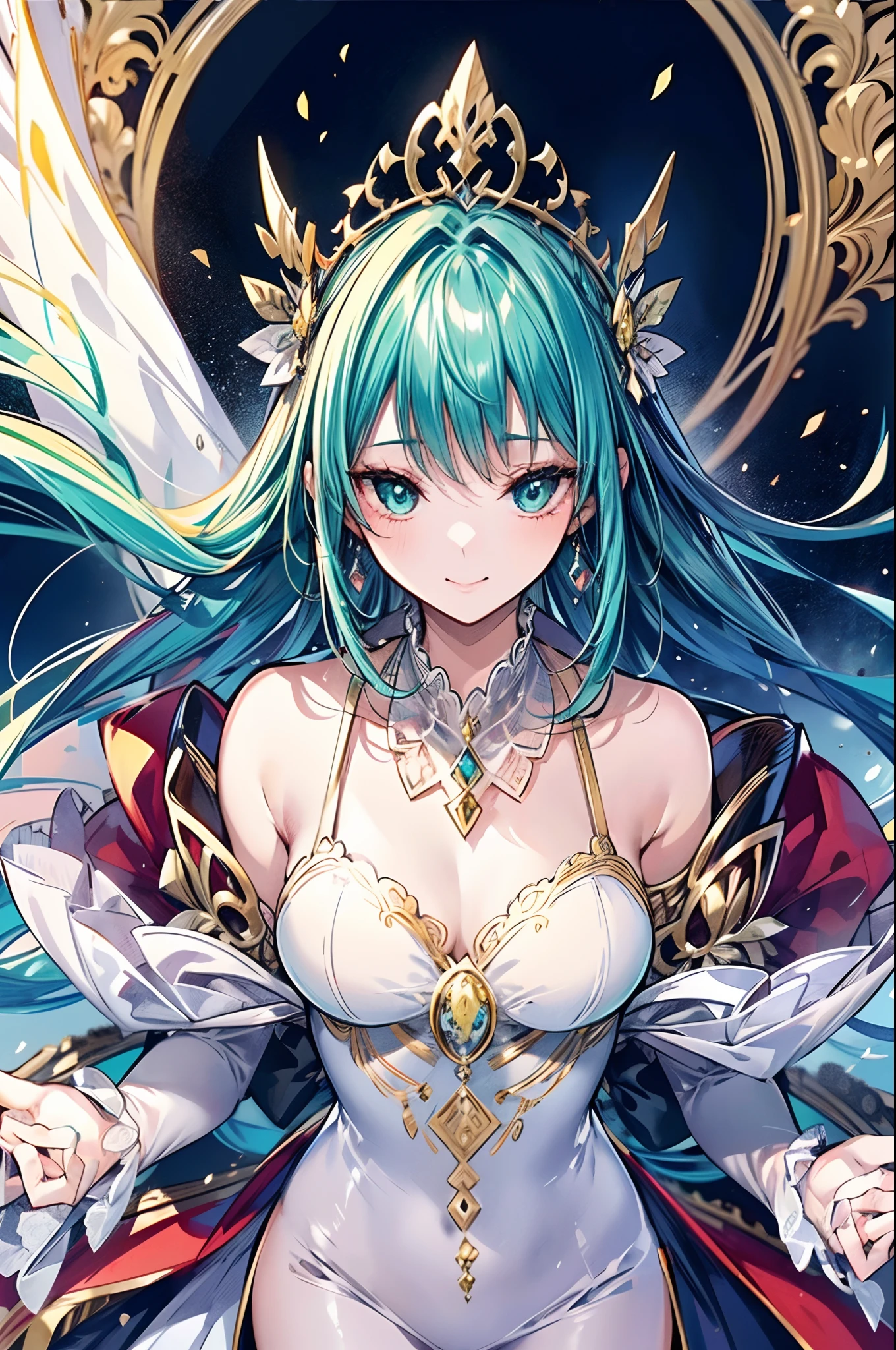 turquoise green hair, The silver and white dress is embellished with gold detailed ornaments，Light and dignified, Cute, Beautiful matured girl, (fine detailed beautiful eyes), weak smiling, Anime - Stylistic illustration of a woman in a white and gold dress, long dress with side slit, Anime goddess, ((a beautiful fantasy empress)), a beautiful fantasy empress, Alphonse mucha and rossdraws, trending on artstation pixiv, gilded lotus princess, beautiful goddess, Anime fantasy illustration, Beautiful young wind spirit, pixiv contest winner, Portrait Chevaliers du Zodiaque Fille, Digital art on Pixiv, (ultra high resolution:1.3, 8K RAW photo, photo realistics:1.2, thin outline:1.5), green grass background, windy effect, extent flattering hair,