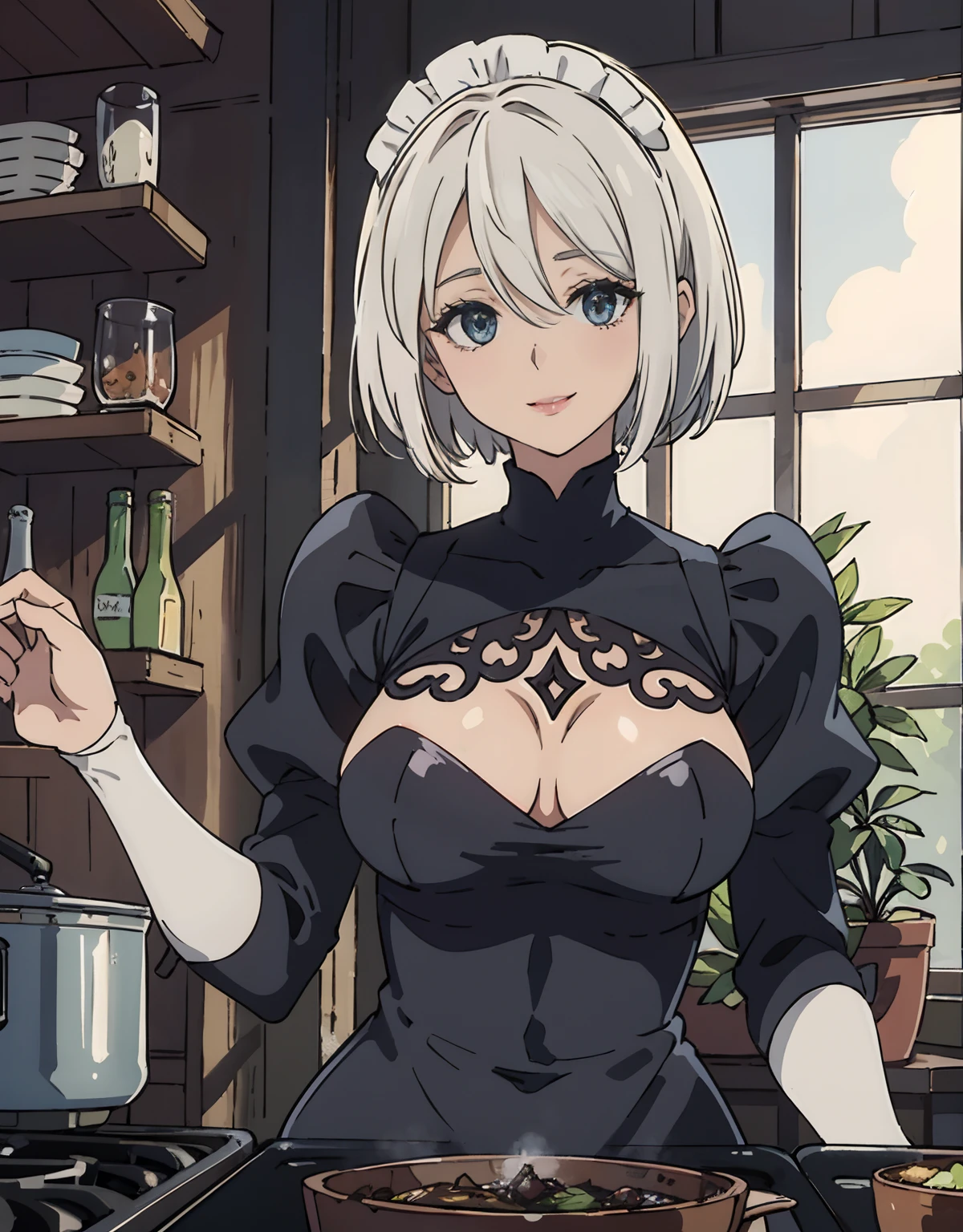 (Best Quality, Masterpiece),sexy mommy, Front cover of a women's cooking magazine, , naked, erotic, 18+, nsfw, 1girl, 30 years old, stunning, cute, heartwarming smile, hourglass figure, Maid costume, beautiful food, text, diagrams, advertisements, magazine title, very short white hair, One strand of hair hangs down over his forehead.