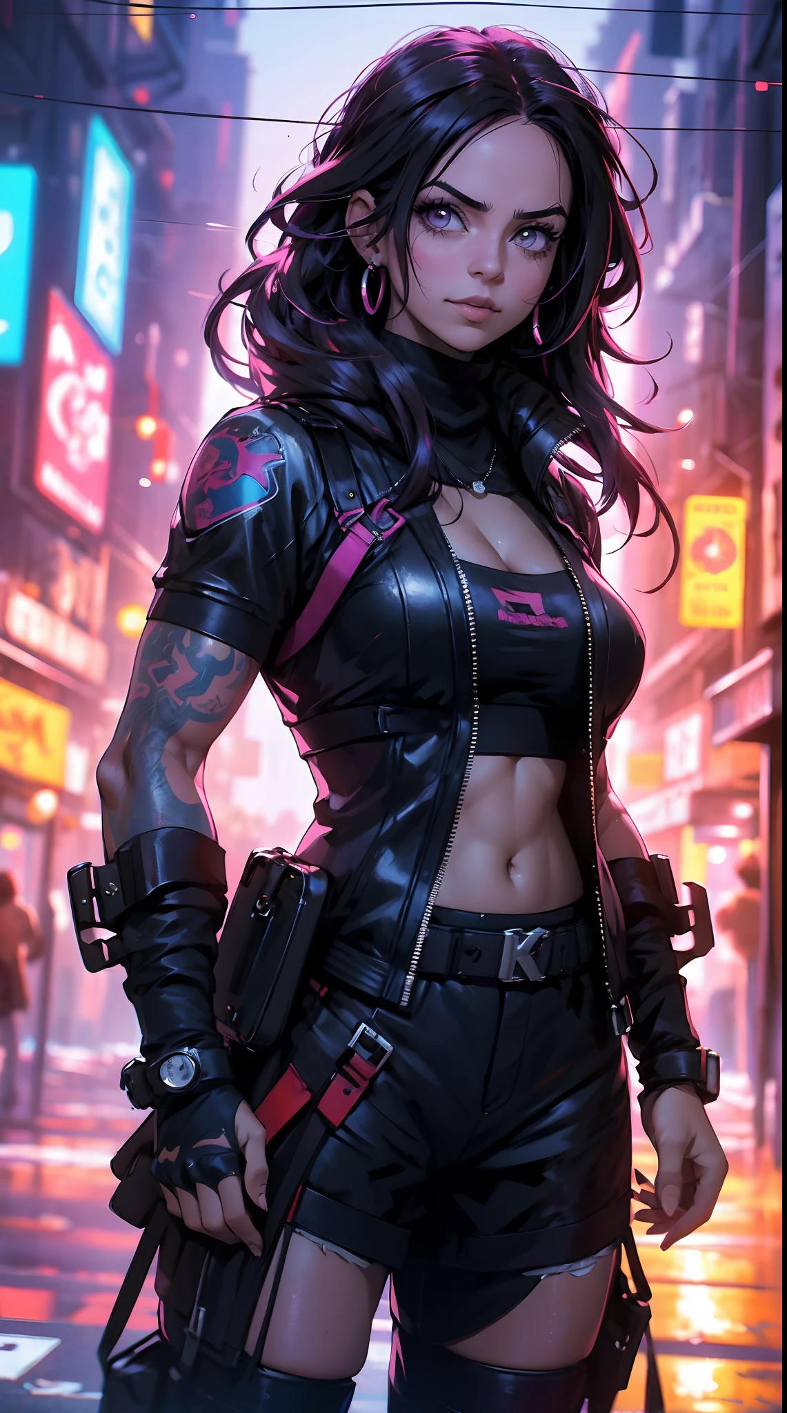 Hermosa mujer, cabello rosado, cabello puntiagudo, ojos rosados, Cola de hadas, Calles cyberpunk en, Estilo cyberpunk,(minifalda:1.4), pantimedias, Traje blanco cyberpunk, tiene estilo cyberpunk, cyberpunk, cosplay completo, Calidad ultra HD, ((cara afilada)), Arte Oficial, guapo, macho adulto, 25 years old, Caminando por la calle, sonrisa malvada, 1 child,