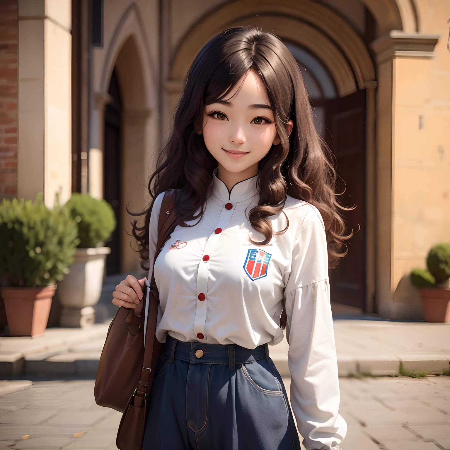 An Italian Chinese girl with brown curly hair smiles confidently in front of the University of Bologna