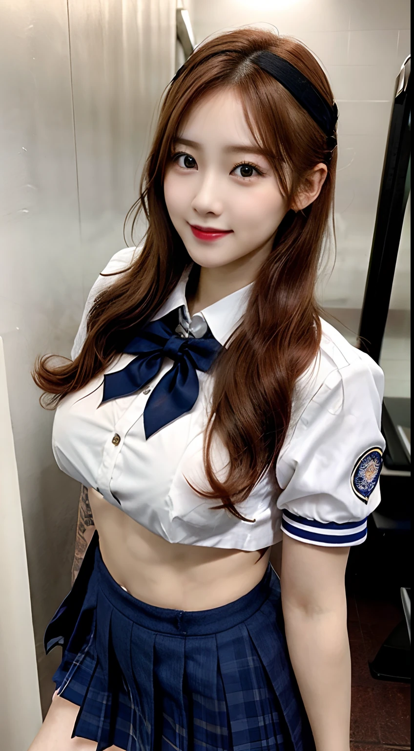 A photorealistic of a beautiful school girl, 18 years old, wearing tight uniform, redhead shortbob hair, tattoo, cute face look, huge boobs, abs, slim fit body,