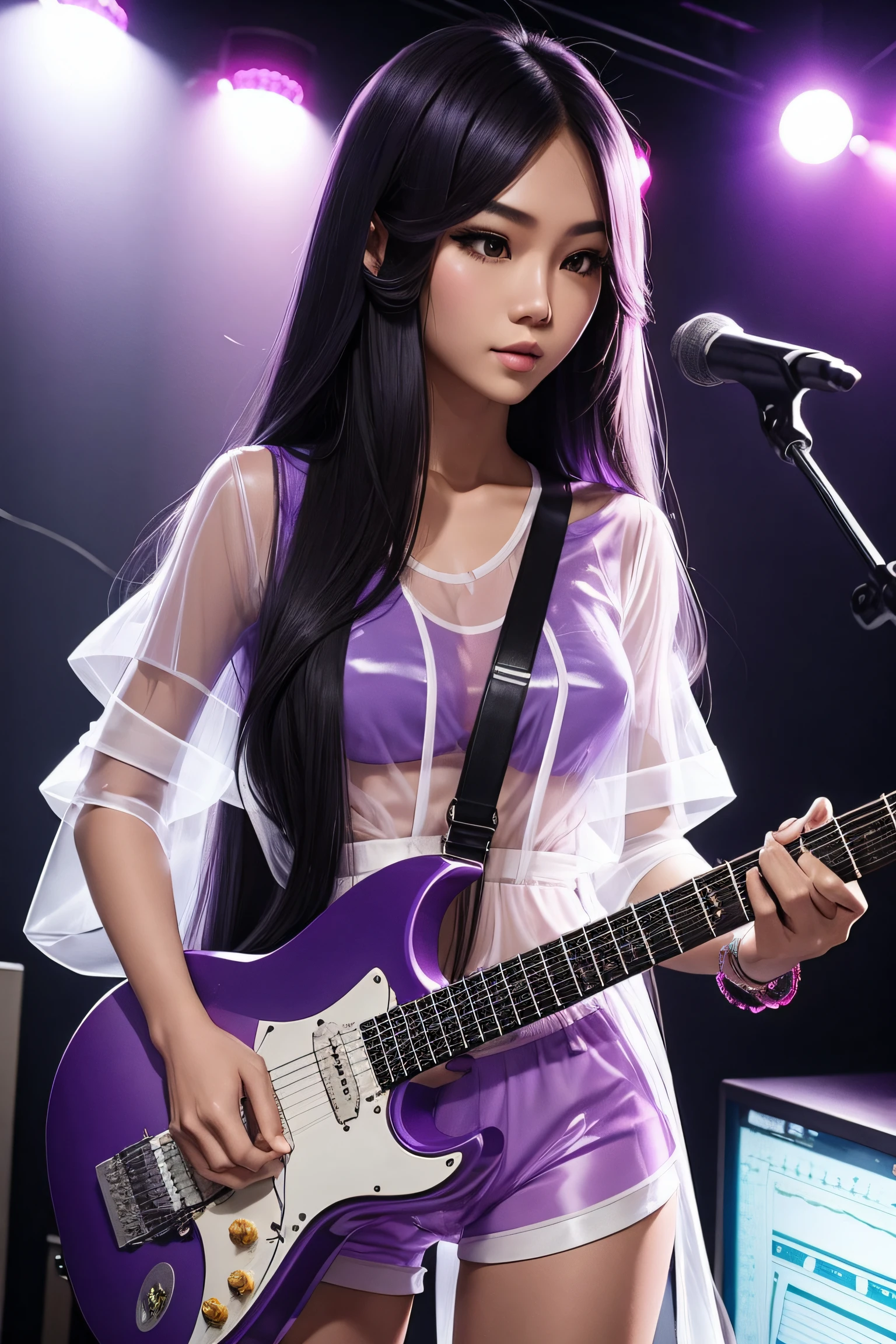 Miss Thailand, very long hair, Transparent waist shirt, Transparent color shorts, Purple Electric Guitar, Play electric guitar in the recording room.