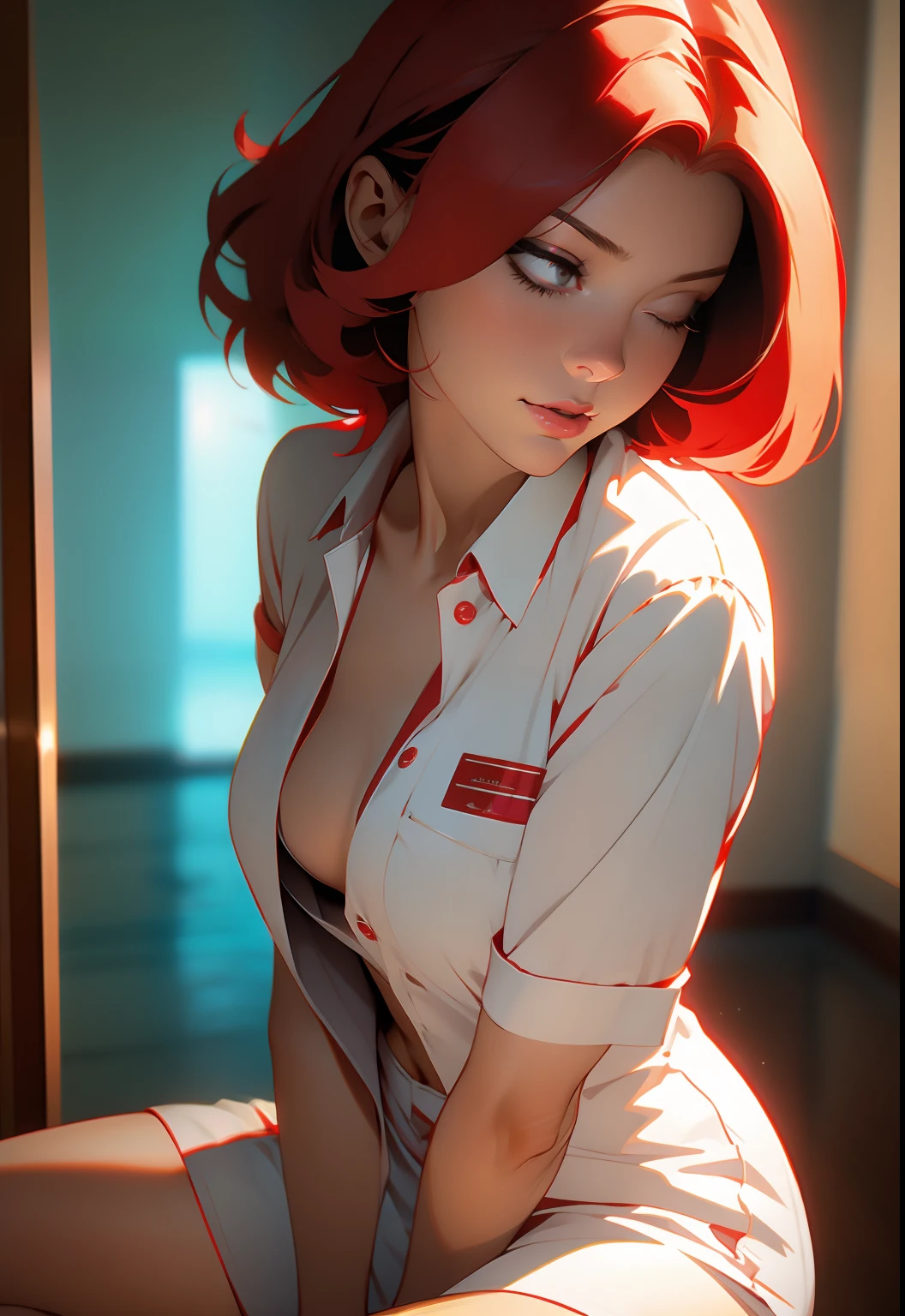 Woman 30 years, beautiful, short red hair, nurse, tight white clothing, unbuttoned blouse, no buttons, no bra, no bra, beautiful face, medium breasts, wet and soft, leaning forward, arms and hands resting on the leg, close,, sensual pose, , slightly wide hips, side view, nice slender thighs, head turned to look at viewer, perfect hands,