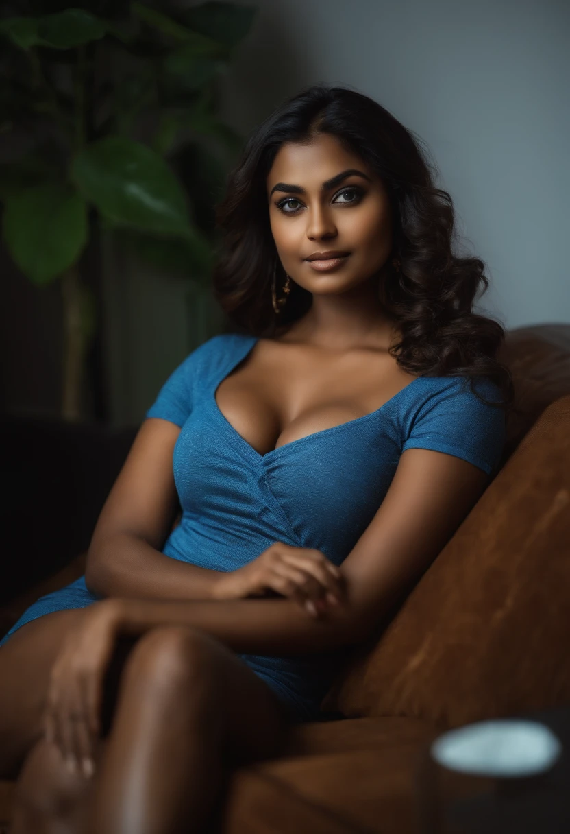 tamil woman in her 20's, blue eyes, selfie on couch, low light, night time, large breasts, real girl, portrait Mikayla Demaiter, portrait evie decker