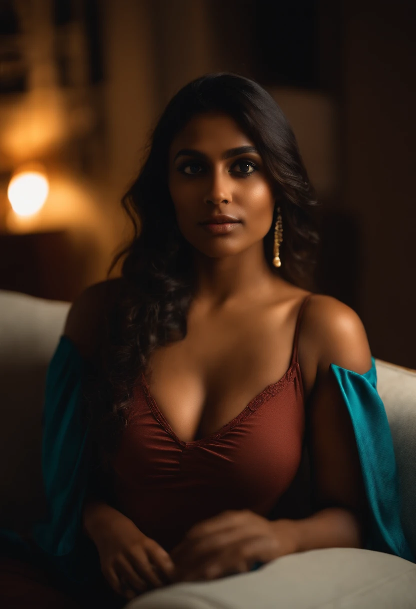 tamil woman in her 20's, blue eyes, selfie on couch, low light, night time, large breasts, real girl, portrait Mikayla Demaiter, portrait evie decker