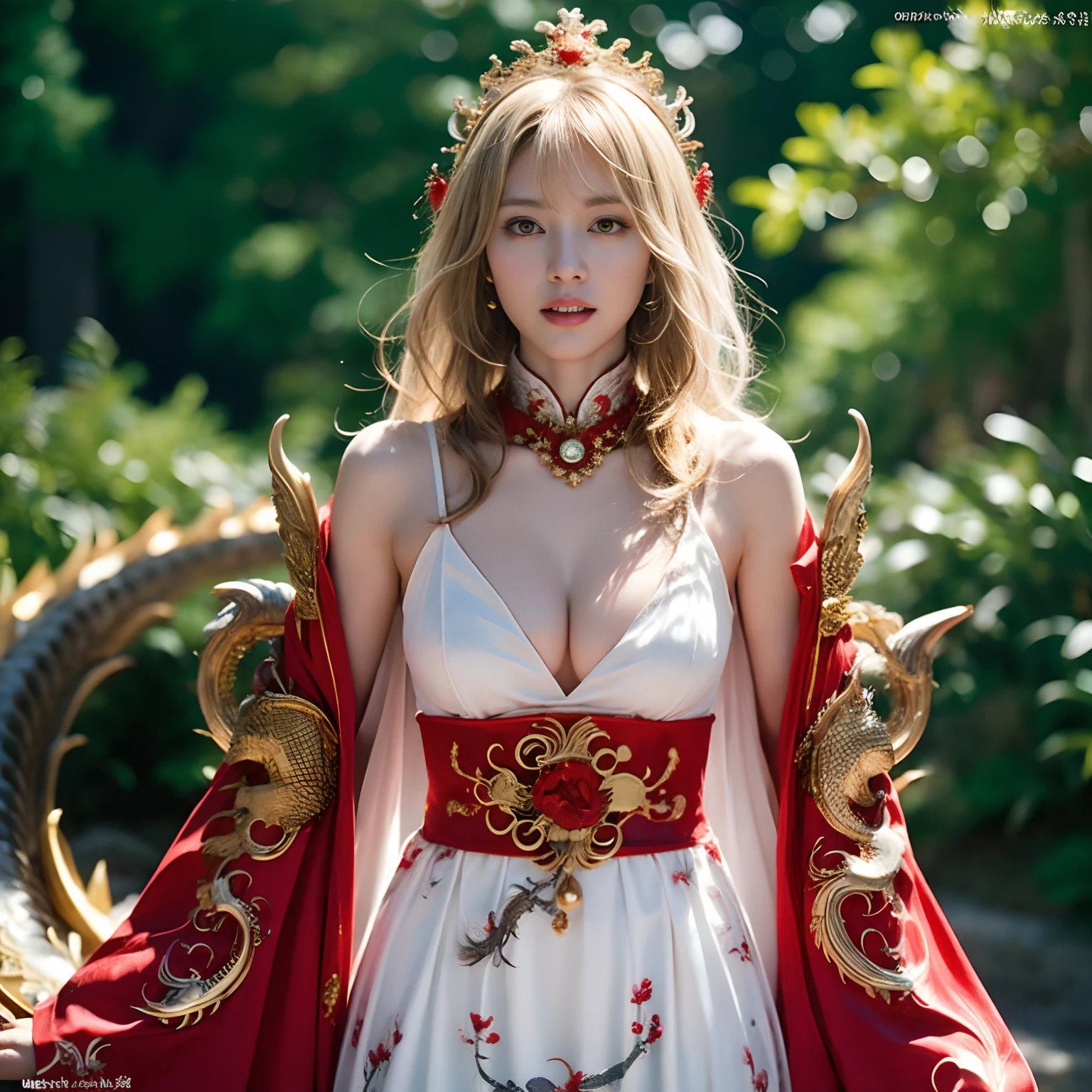 (Fight fiercely with dragons)、top-quality、masterpiece、超A high resolution、(White Dragon Armor)、dragon armor、(Wearing a beautiful crown made of jewels),(Photorealsitic:1.4)、Raw photo、1人、Golden hair、glowy skin、(((Chinese Dragon)))、(Gorgeous Jewelry Necklaces)、(Mystical expression)、(Fight big dragons)、With a beautiful knife、(White Metal Bodysuit)、(beautiful forest background)、Precipitous cliffs、(Small LED)、((super realistic details))、portlate、globalillumination、Shadow、octan render、(One-Eyed Scouter)、8K、ultrasharp、Colossal tits、Raw skin is exposed in cleavage、metals、Details of complex ornaments、Japan details、highly intricate detail、Realistic light、CGSoation Trends、Red Eyes、radiant eyes、Facing the camera、neon details、(Mechanical limbs)、(blood vessels connected to tubes)、Mechanical vertebrae attached to the back、mechanical cervical attaching to neck、(Wires and cables connecting to the head)、Gundam、Small LED、,Mechanical thighs、Toostock、(Hands are also made of machines)、(veils)、