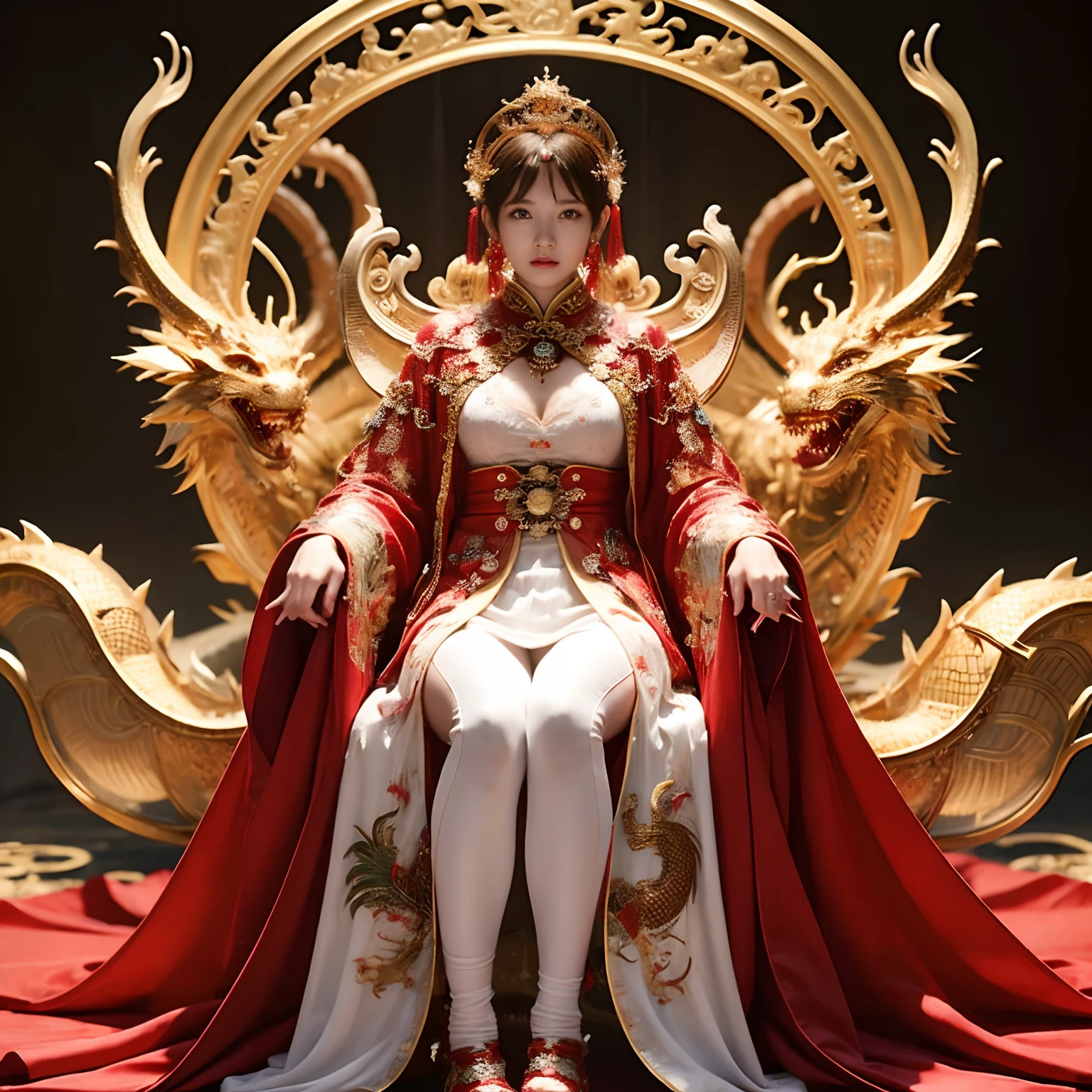 (Fight fiercely with dragons)、top-quality、​masterpiece、超A high resolution、（White Dragon Armor）、dragon armor、(Wearing a beautiful crown made of jewels),(Photorealsitic:1.4)、Raw photo、女の子1人、Golden hair、glowy skin、(((Chinese Dragon)))、（Gorgeous Jewelry Necklaces）、（Mystical expression）、（Fight big dragons）、With a beautiful knife、（White Metal Bodysuit）、(beautiful forest background)、Precipitous cliffs、(Small LED)、((super realistic details))、portlate、globalillumination、Shadow、octan render、（One-Eyed Scouter）、8K、ultrasharp、Colossal tits、Raw skin is exposed in cleavage、metals、Details of complex ornaments、Japan details、highly intricate detail、Realistic light、CGSoation Trends、Red Eyes、radiant eyes、Facing the camera、neon details、(Mechanical limbs)、(blood vessels connected to tubes)、Mechanical vertebrae attached to the back、mechanical cervical attaching to neck、(Wires and cables connecting to the head)、Gundam、Small LED、,Mechanical thighs、Toostock、（Hands are also made of machines）、（veils）、