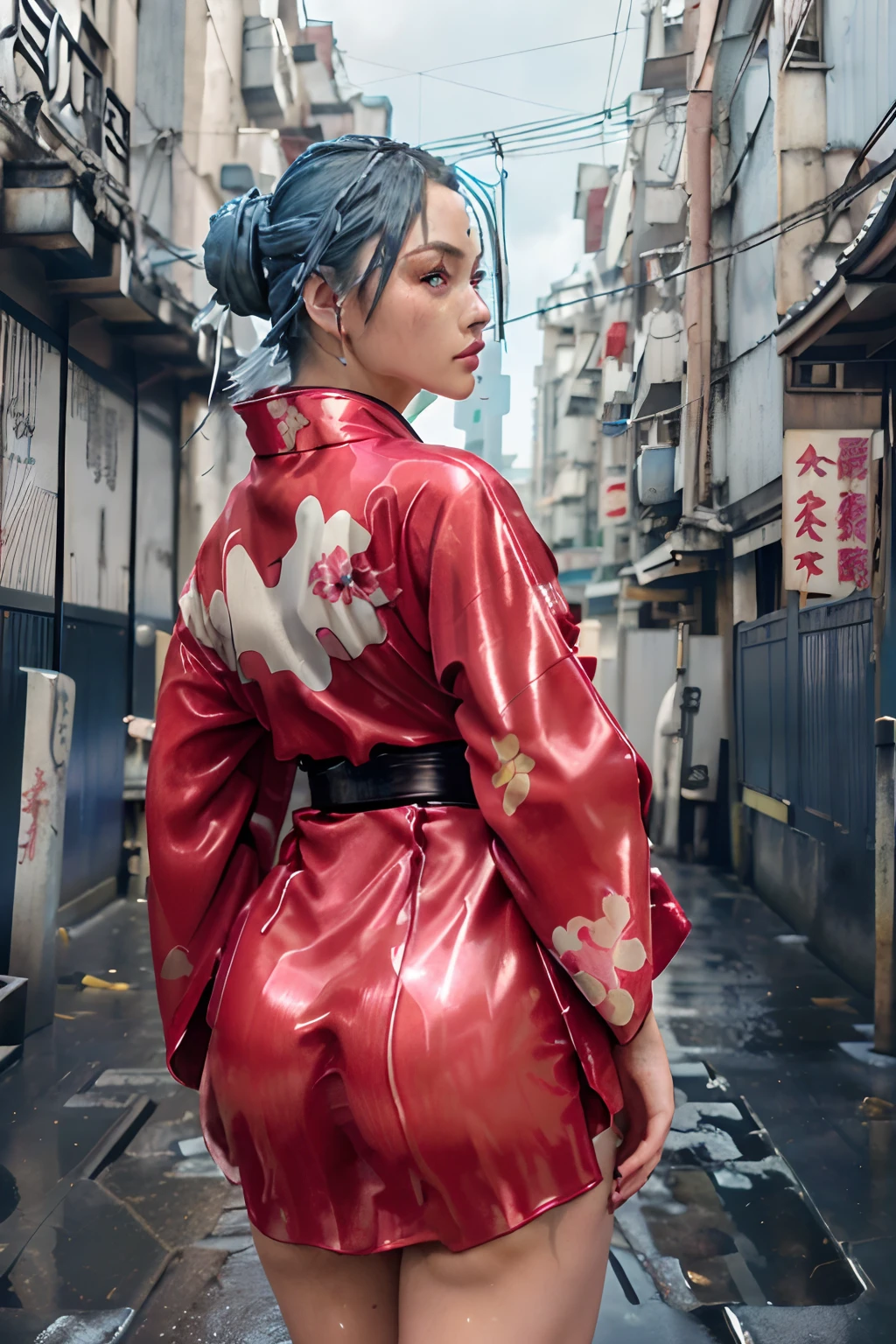 8k, ARTISTIC photography, best quality, masterpiece: 1.2), (realistic, photorealistic: 1.37` Movie still from the matrix movie, (cyberpunk woman,elegant), ((Blue hair)) , ((Yu Shinohara)), over-detailed face, (((big open eyes))), beautiful body, voluptuous body (( dressed as futuristic Geisha clothes, ǍCROŇYM)). (((latex red Kimono))), background is Kowloon City、Back alley、(Wet ground)、((Delicate depiction))、pipes、duct、electric wires、signboard、Japanese signs, plein air, tag, simple background, blue open sky, shorth hair, Skysky, looking at the viewers, stairway, cinematic lighting,