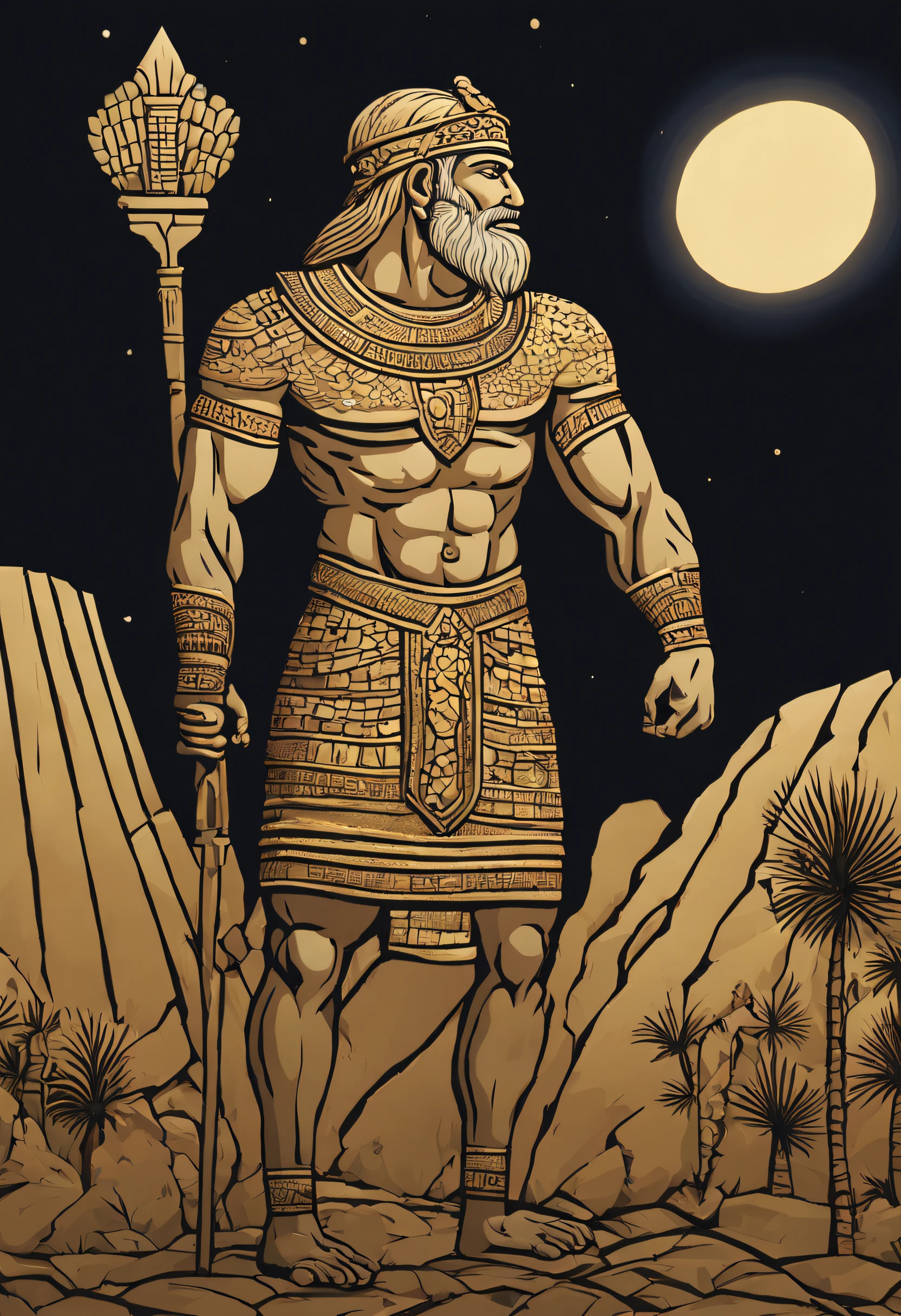 Full body, side profile photo, muscular ancient sumerian hero gigamesh on the walls of ancient uruk, looking down at the desert mesopotamian oasis below moonlit night block print style of Gond Painting, jungyan mythos illustration, jewel toes, radiating. HDR, UHD 32k. --AR 16:9, --style raw