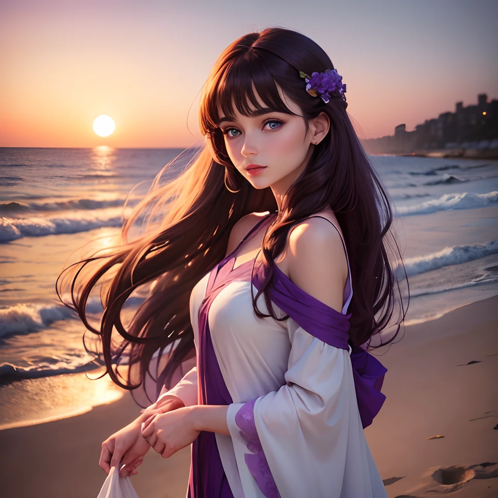 Cute girl blue eyes, long brown hairs, smooth face, long purple kameez with white outline , purple shalwaar , red lipstick, beautiful hair style,beautiful purple dress with white outline, a beach background behind her with beautiful sunset,