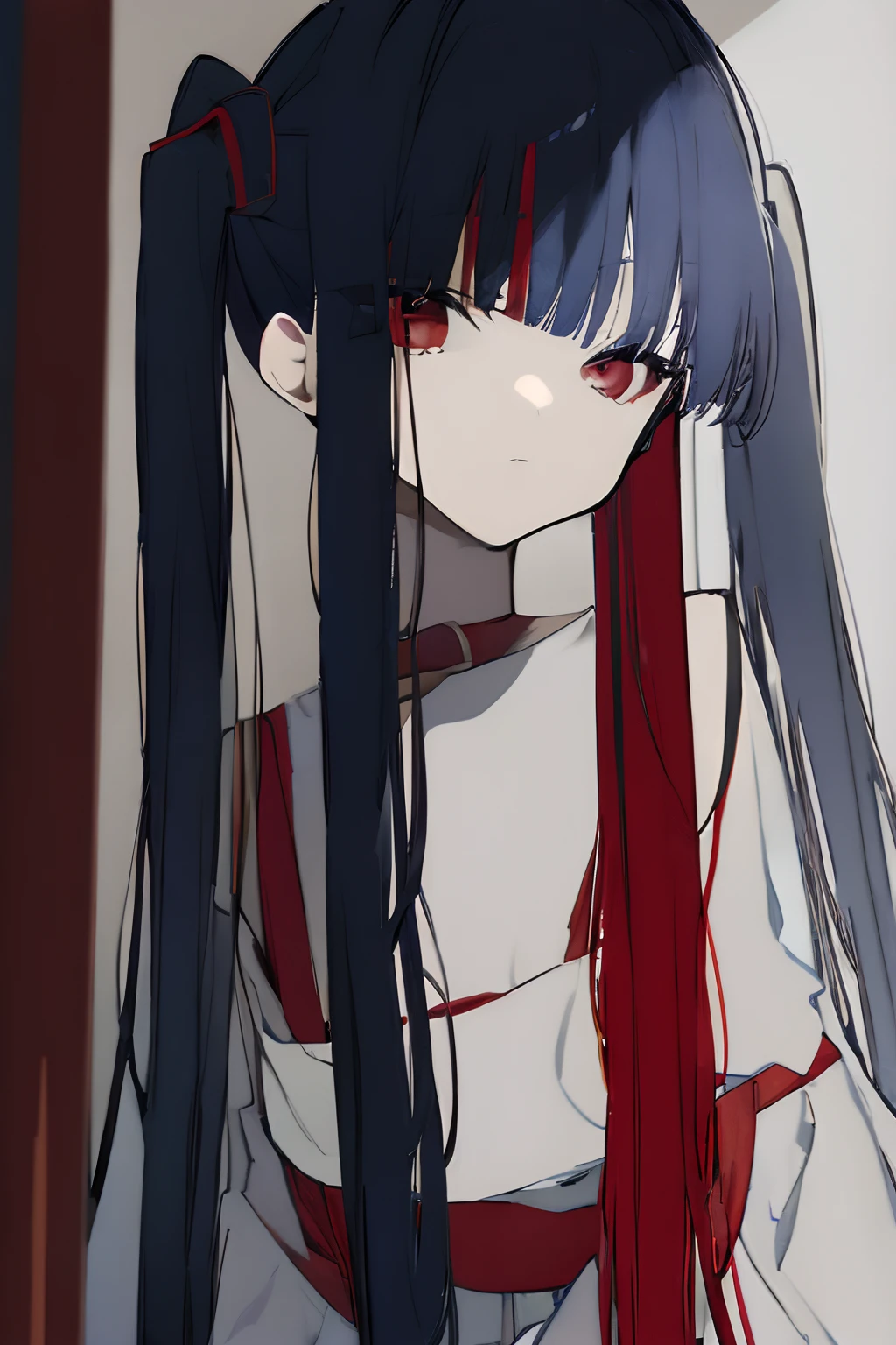 1girl, young girl, masterpiece, high quality, dark blue hair, bangs, red eyes, twintail, long hair, (bandaged), (wearing a white and red ruin dress), (in the old room), in the narrow room, sad, dark, (lonely), ((detail face))