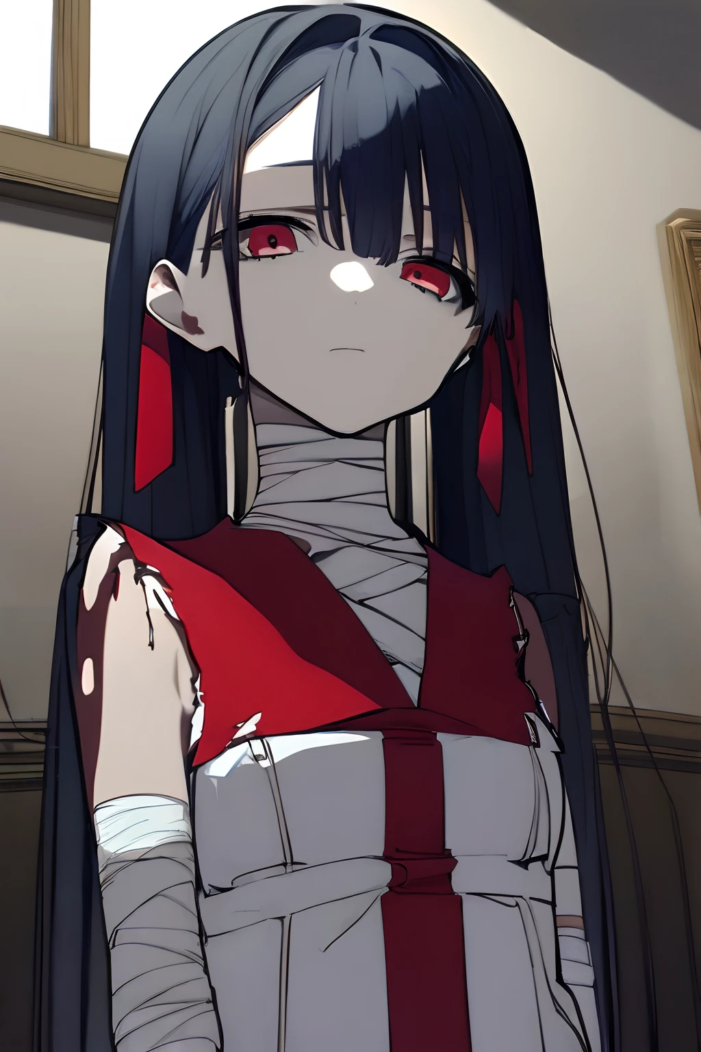 1girl, young girl, masterpiece, high quality, dark blue hair, bangs, red eyes, twintail, long hair, ((bandaged)), (wearing a white and red ruin dress), (a torn dress), (in the old room), in the narrow room, sad, dark, (lonely), ((detail face))