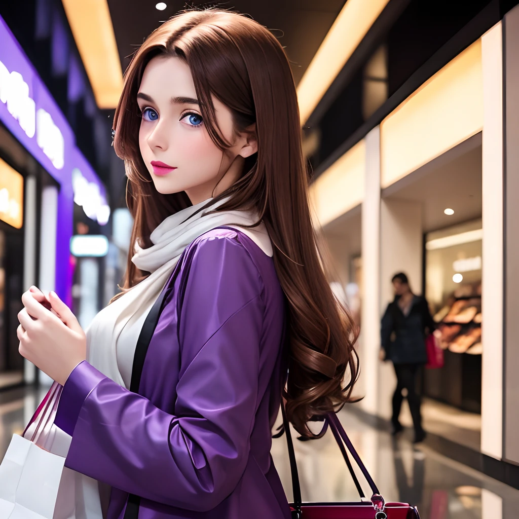 Cute girl blue eyes, long brown hairs, smooth face, long purple kameez with white outline , purple shalwaar , red lipstick, carrying brown beautiful hand bag on her shoulder, a shopping mall background behind her