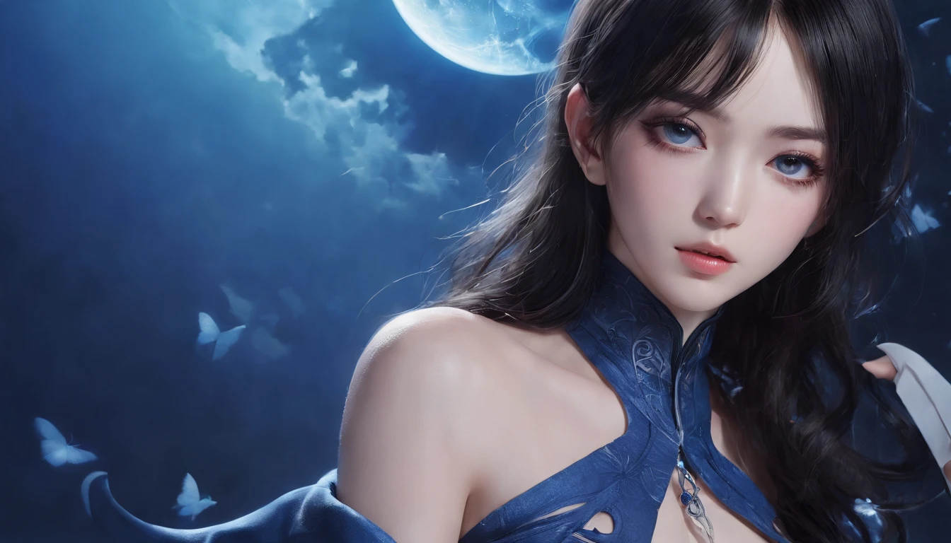 Fantastic Stage,Night, Dark, (Fantasy),infinite,deep blue sky,The abyss of knowledge,Cowledge,((masutepiece)), (((Best Quality))),((Beautiful fine eyes)),(Eye lashes)、Crystal Shards、Realistic clouds、Very beautiful face、The ultra -The high-definition、Girl singing with microphone、(女の子1人)、Black hair、The long-haired、abyss eyes、glowy skin、oils、small tits、Perfect human body structure、、Teenchi、Super delicate CG Unity 32k wallpaper、photoRealstic、​masterpiece, ((ultra-detailliert)), ((illustratio)),colourfull,wall-paper,The energy,Unknown terror,Incomprehensible,Boken,Flying pages,Know everything,Predict the future、Get to know the past、Infinite wisdom、blue flames