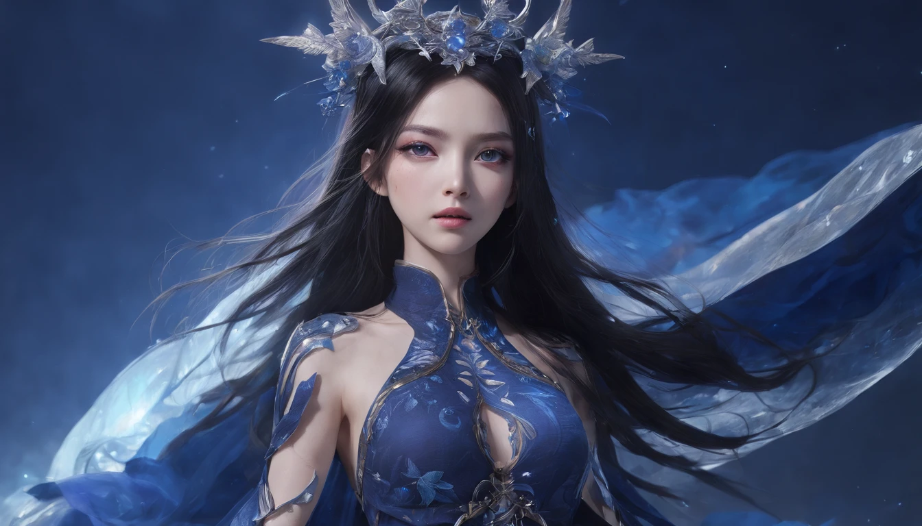 Fantastic Stage,Night, Dark, (Fantasy),infinite,deep blue sky,The abyss of knowledge,Cowledge,((masutepiece)), (((Best Quality))),((Beautiful fine eyes)),(Eye lashes)、Crystal Shards、Realistic clouds、Very beautiful face、The ultra -The high-definition、Girl singing with microphone、(1人)、Black hair、The long-haired、abyss eyes、glowy skin、oils、small tits、Perfect human body structure、、Tee、Super delicate CG Unity 32k wallpaper、photoRealstic、masterpiece, ((ultra-detailliert)), ((illustratio)),colourfull,wall-paper,The energy,Unknown terror,Incomprehensible,Boken,Flying pages,Know everything,Predict the future、Get to know the past、Infinite wisdom、blue flames