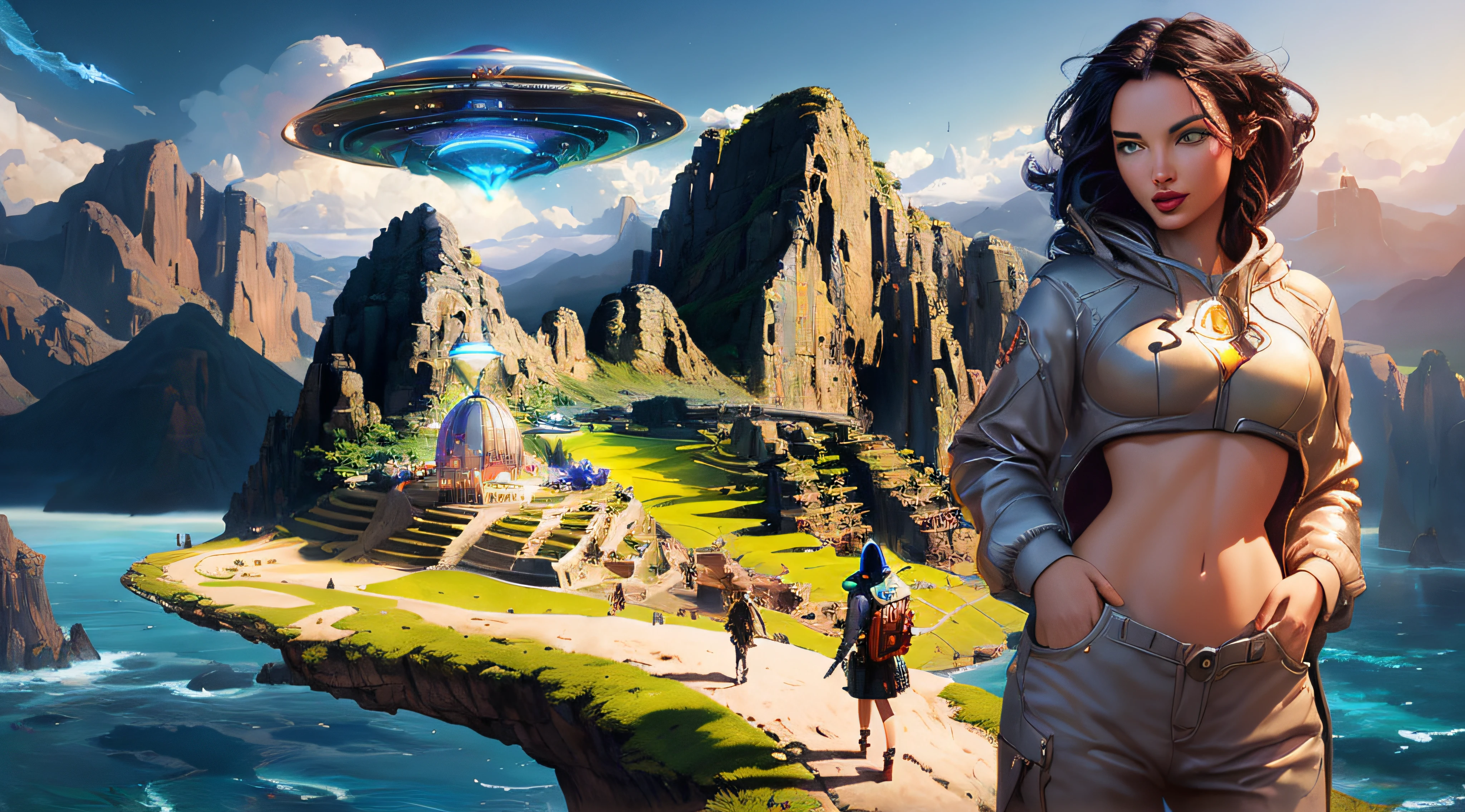 arafed woman (Adriana Lima :1.1) red lips, green eyes standing on a cliff with a flying saucer above her, extraterrestrial paradise, jessica rossier fantasy art, beeple and jean giraud, beeple and tim hildebrandt, by John La Gatta, by Alexander Kucharsky, alena aenami and android jones, surreal concept art