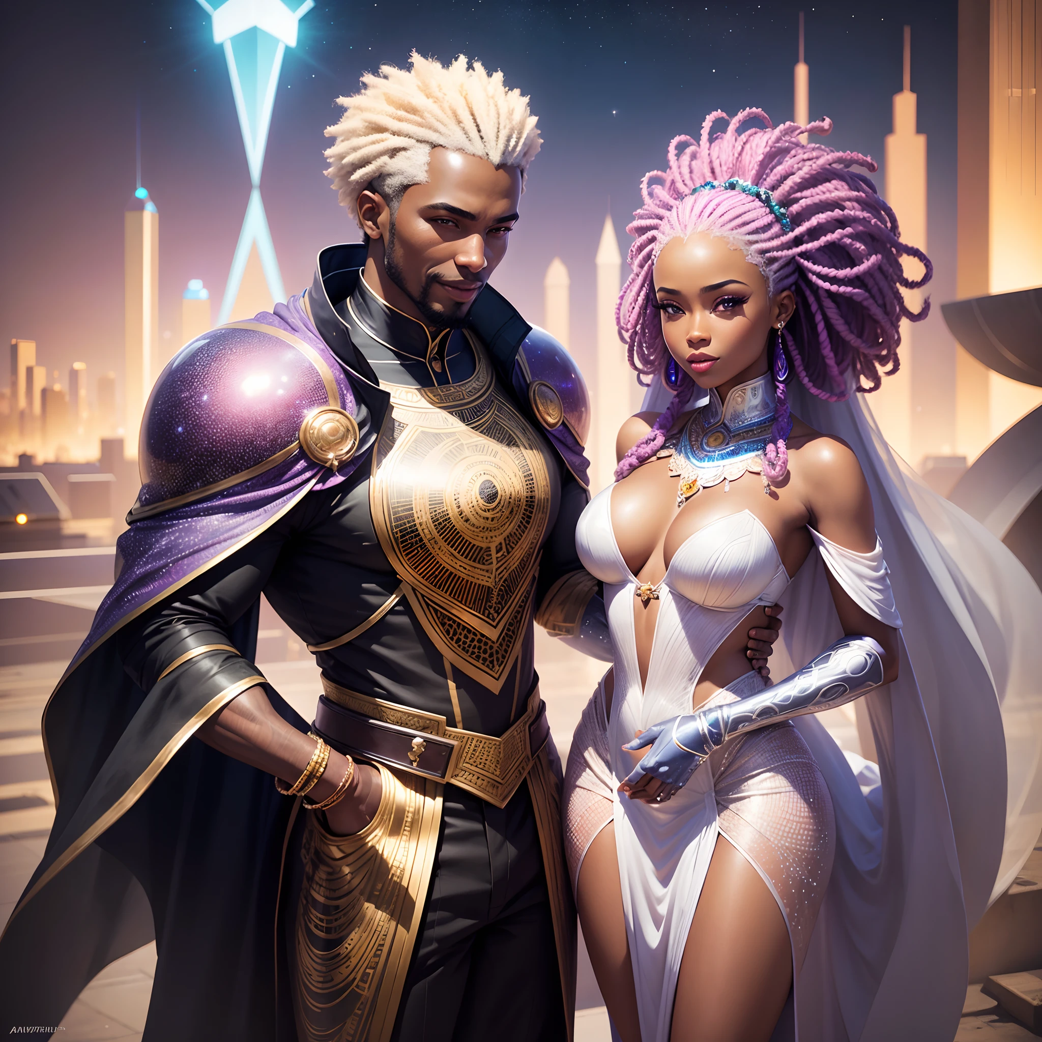 High angle shot of a Happy African man marrying African woman both wearing African designed clothes and standing on a reflective metallic surface surrounded by floating crystals, futuristic african city with African designed infrastructure in the background, night time, shining crystals glowing in the scene, with iridescent light, scifi art, afrofuturism art, highly realistic image, 32k, ultra HD, cinematic lighting, artgerm style,
