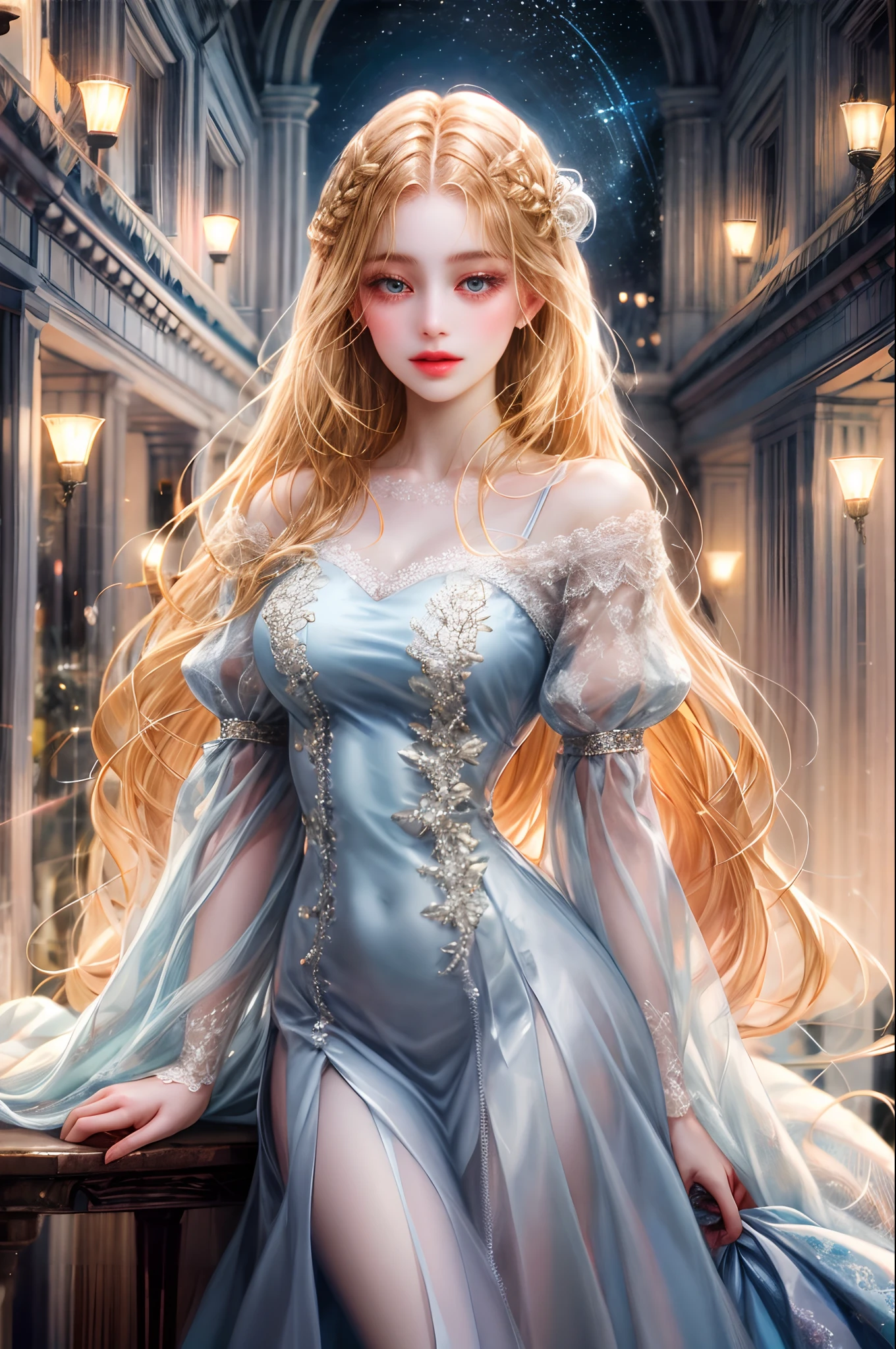 European,long whitr hair,teens girl,wonderful dress,with light glowing,Comic two-dimensional style,Ambient lighting