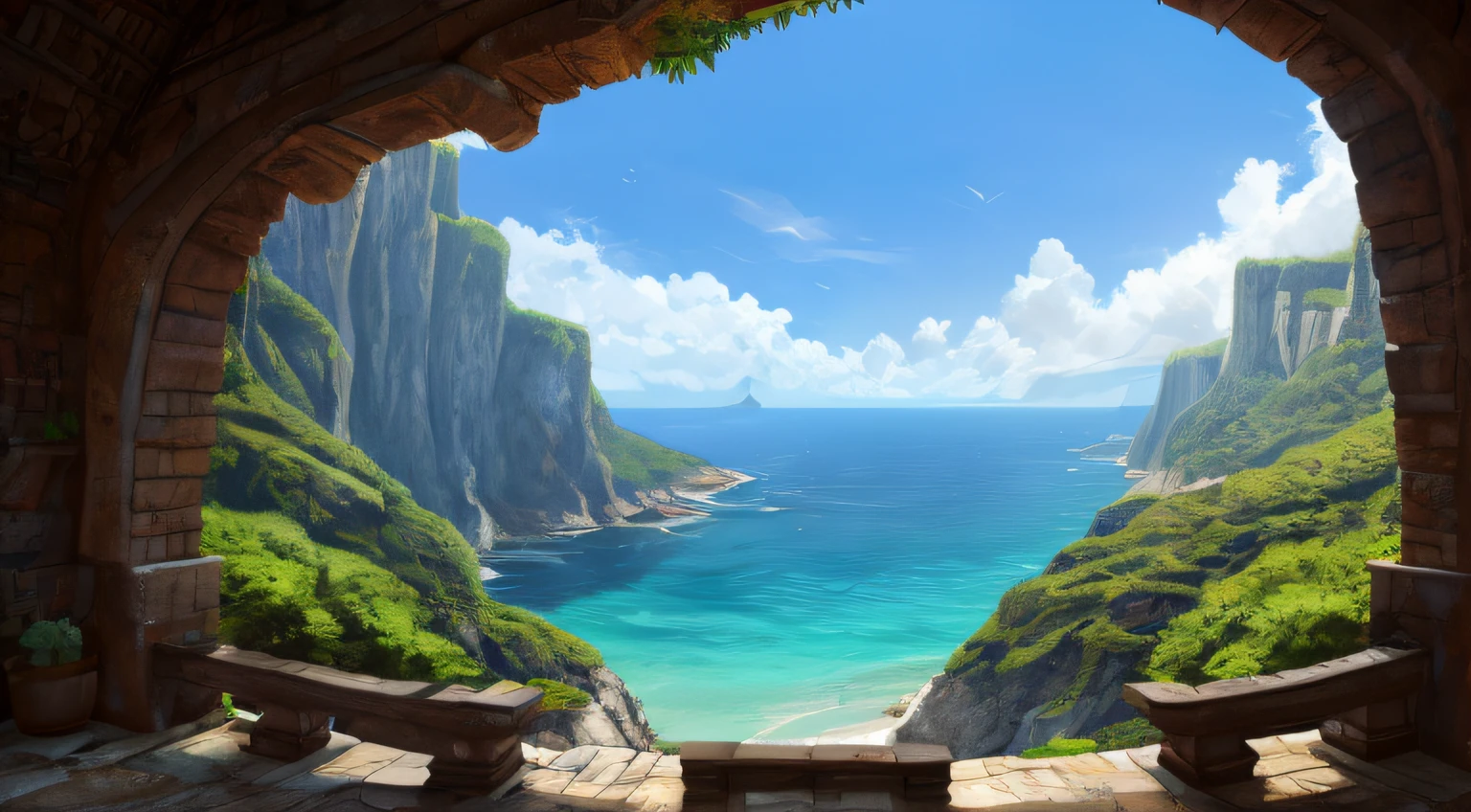 ((Best Quality, 8K, Masterpiece: 1.3)), Clear sea background surrounded by towering cliffs and lush vegetation