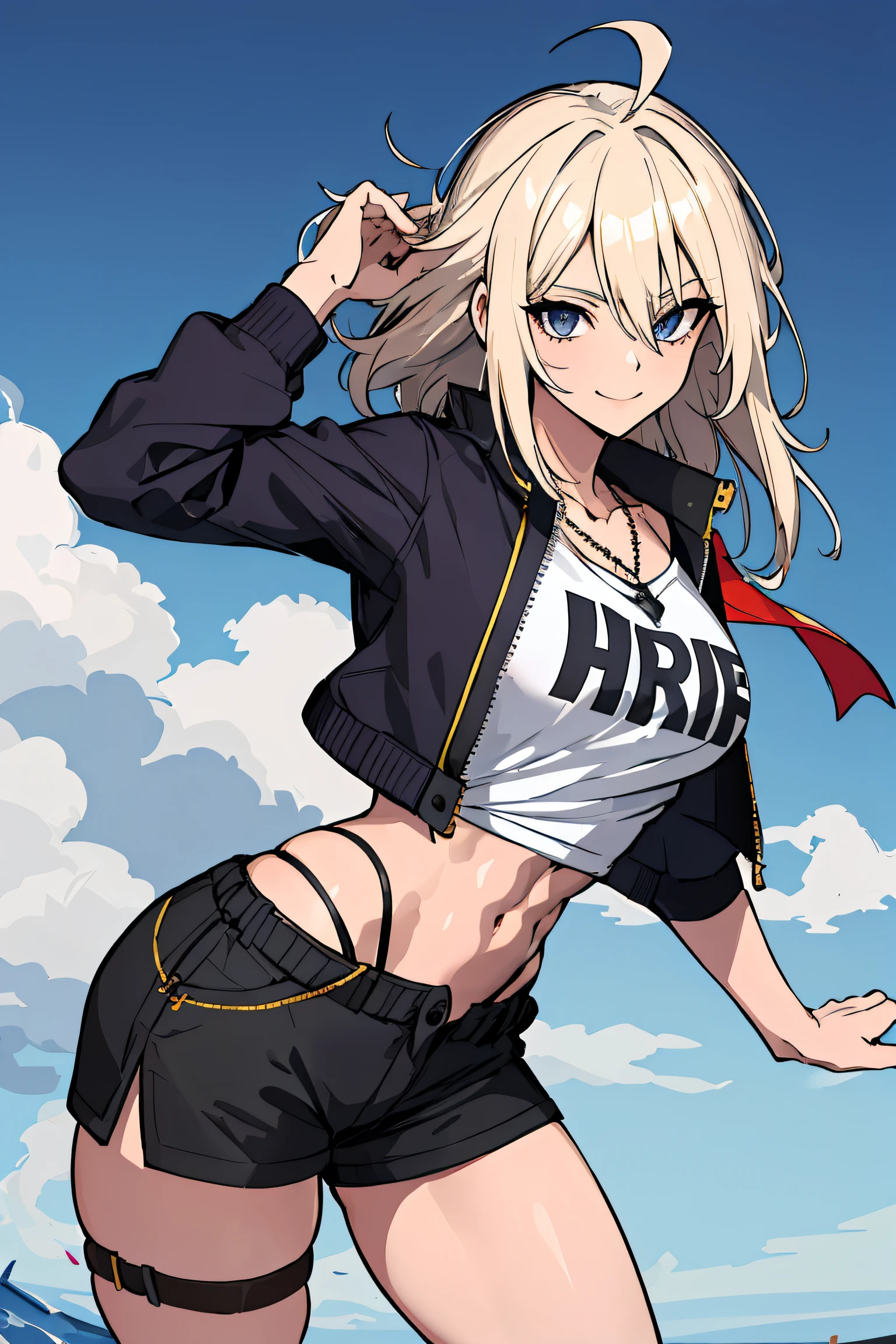 (absurdres, 8k, 4k, masterpiece, hyper extreme detailed:1.2), solo, 1girl, front view, perfect face, 1girl, portrait, expressive eyes, looking at viewer, solo, standing, Female, toned body, mature female, large breasts, pale, platinum blonde hair, dark blue eyes, swept bangs, athletic body, warrior, battle, wind, windy hair, moving hair, moving clothes, Shorts army, battle worn, scars, hand to hip, medals, necklace, purple ribbon, messy hair, smile, happy, heroic, hand on hip, perfect anatomy, messy hair, wild hair, big bust, friendly, heroism, justice, hope, blue sky, sun, platinum blonde hair, facial scars, casual wear, jacket, germany color scheme, graphic t-shirt, medium length hair, streetwear, swept bangs, muscular, toned body, abs, side bangs, hair covering forehead, covered forehead, hair covering one eye, right bangs,