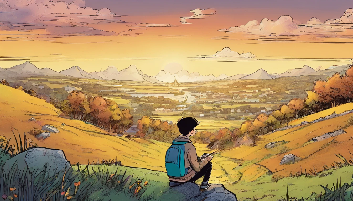 A boy wanderings on hill listening to music