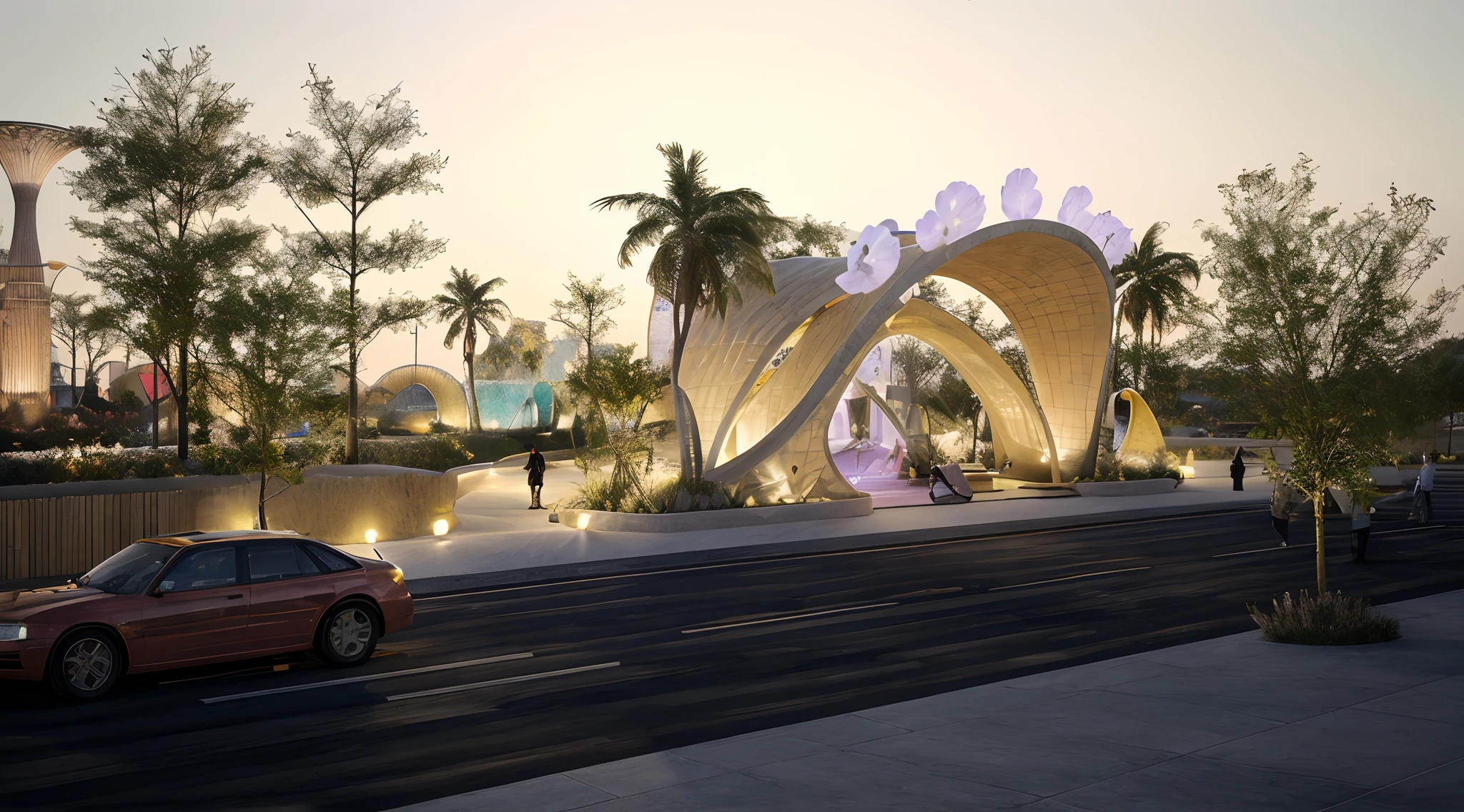 Light park, brilliant, joyful scene, the idea is taken from the desert sand dunes, with the contours of the sand dunes, the yellow color of the sand, realistic,