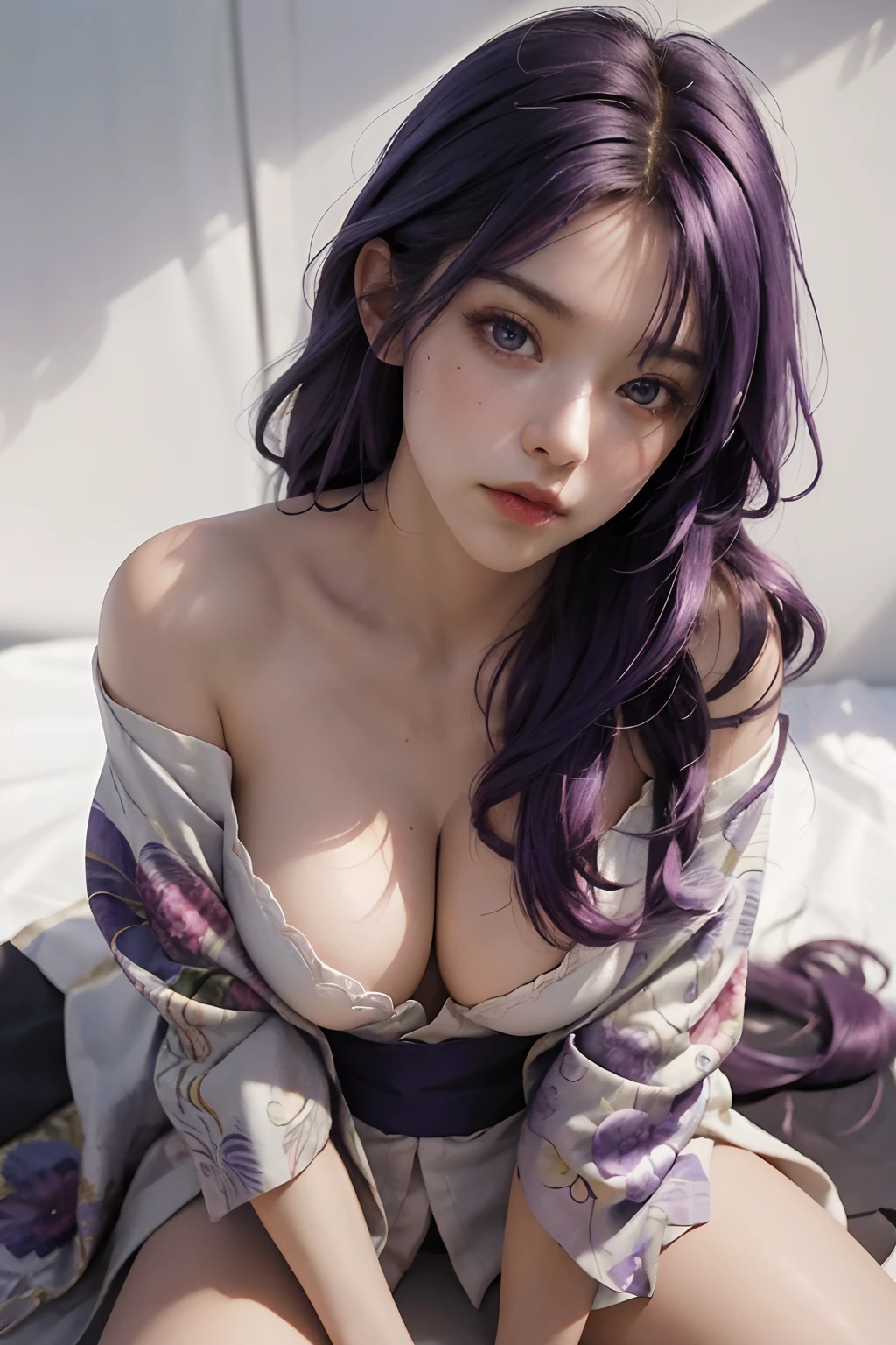 (RAW photo, best quality), (realistic, photo-realistic:1.3),purple hair,best quality,highly detailed,masterpiece,ultra-detailed,illustration,1girl,upper_body,dynamic angle,world masterpiece theater,messy_long_hair,best quality,extremely detailed CG unity 8k wallpaper,ink,Amazing,cinematic lighting,lens_flare, dunhuang_style,(((Masterpiece))), (portrait), 24 years old, kimono, blushing, purple hair, diffused light, dynamic shadows, sharp focus, realistic, detailed, highres, absurdres, white background, photorealistic, lifelike, sex, penetrate, ((())), , , , crotch, naked, bare, , , spread legs, thigh focus
