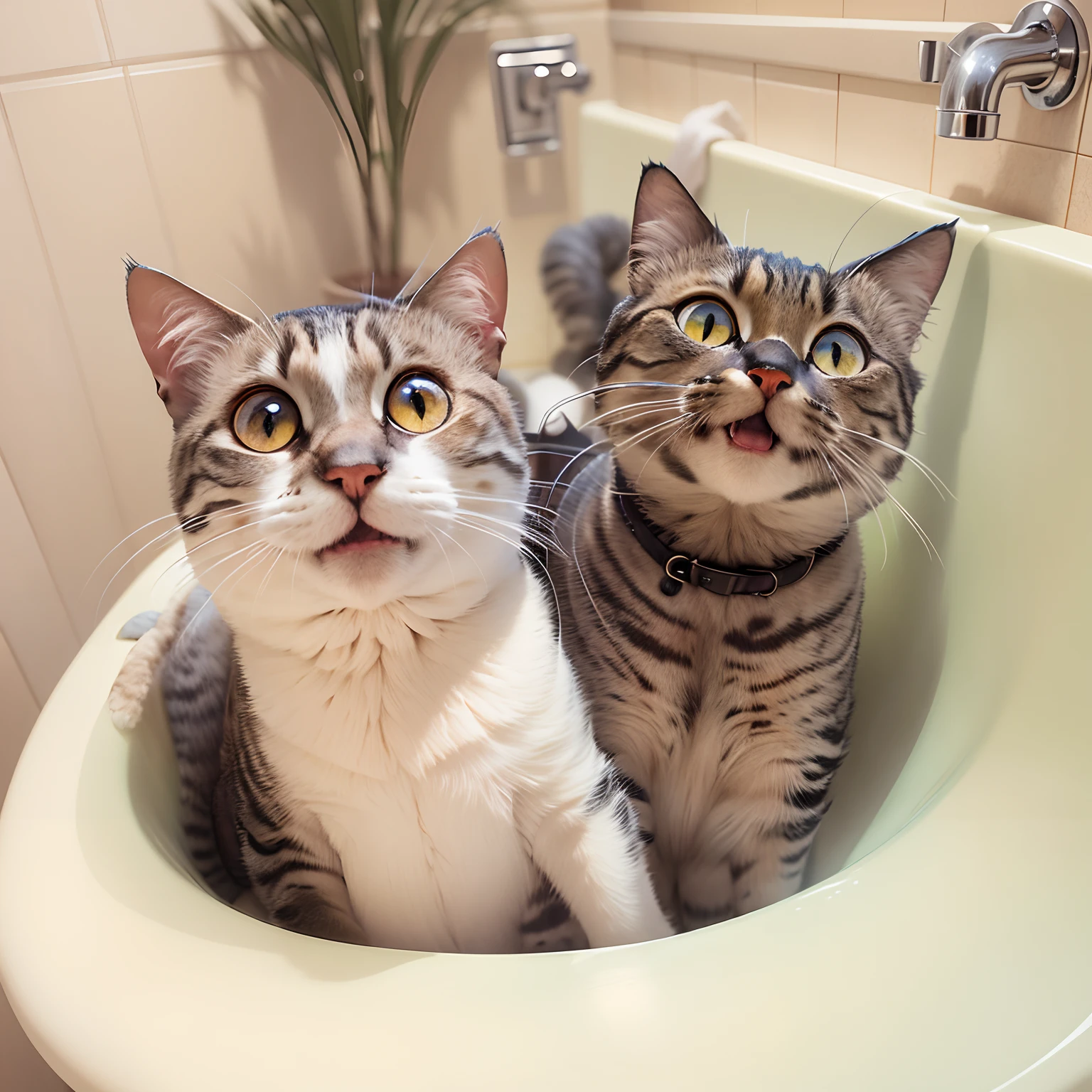 Two round-eyed cats hugged each other and smiled, Bathtub in the bathroom