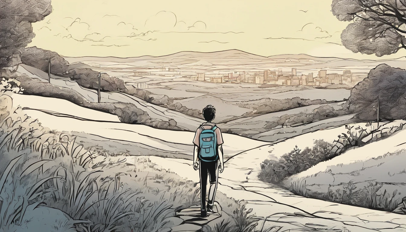 A boy wanderings on hill listening to music. The time is around 6 pm to night