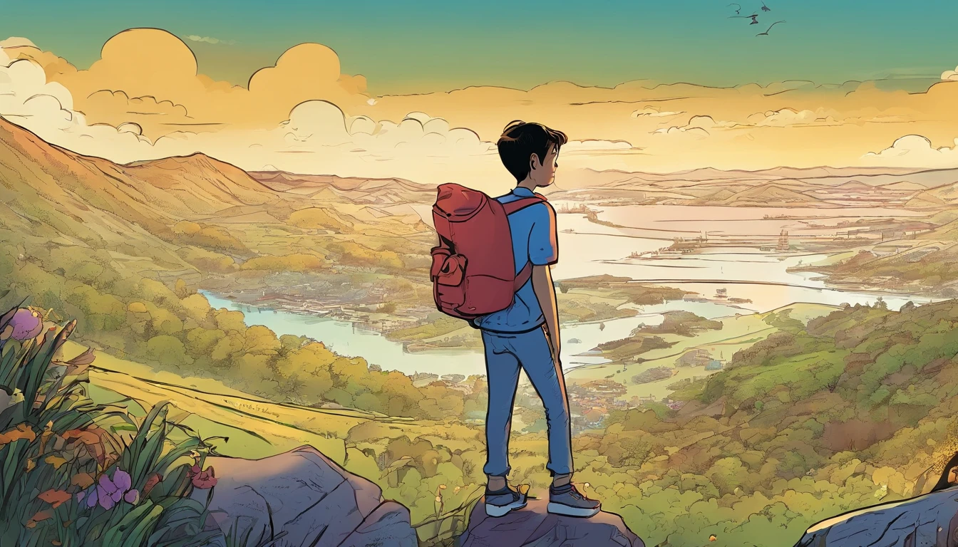 A boy wanderings on hill listening to music. The time is around 6 pm to night