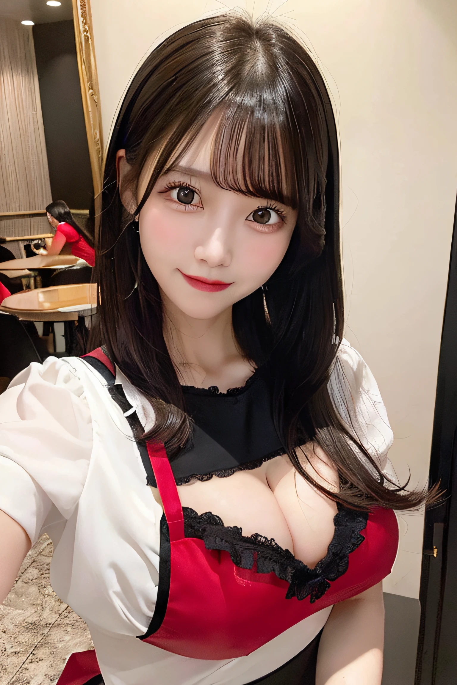 ((Best quality, 8k, Masterpiece :1.3)), Sharp focus :1.2, 1 girl,cute, Slender abs :1.1, (red apron:1.2), ((black hair,huge breasts:1.4)), White blouse, black tight skirt, (smile:1.15),(closed mouth), Highly detailed face and skin texture, Detailed eyes, Twinkling Eyes, (Round Face:1.6), Three-Quarter Length, clothing reinforcement, cafe