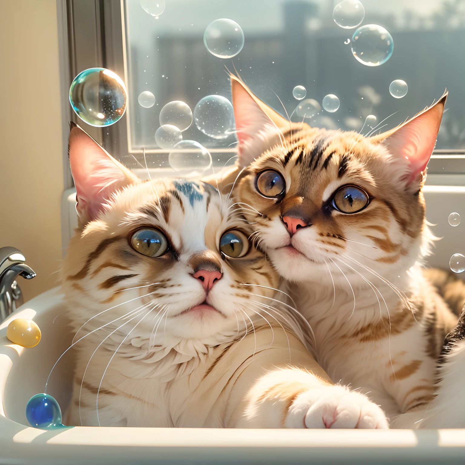 Two round-eyed cats hugged each other and smiled, Bathtub in the bathroom, There are bubbles., Sunlight outside the window