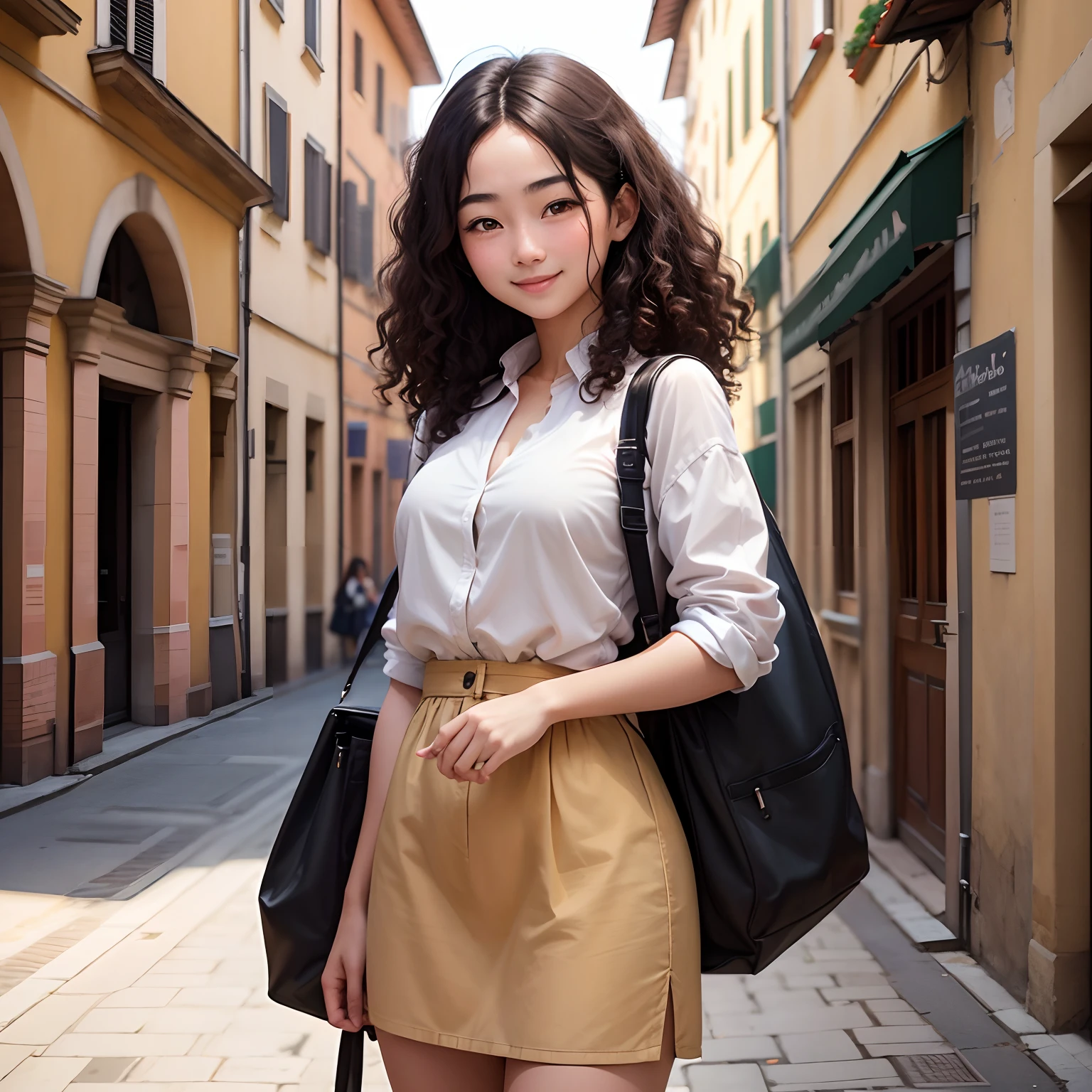 An Italian Chinese girl with brown curly hair smiles confidently in front of the University of Bologna