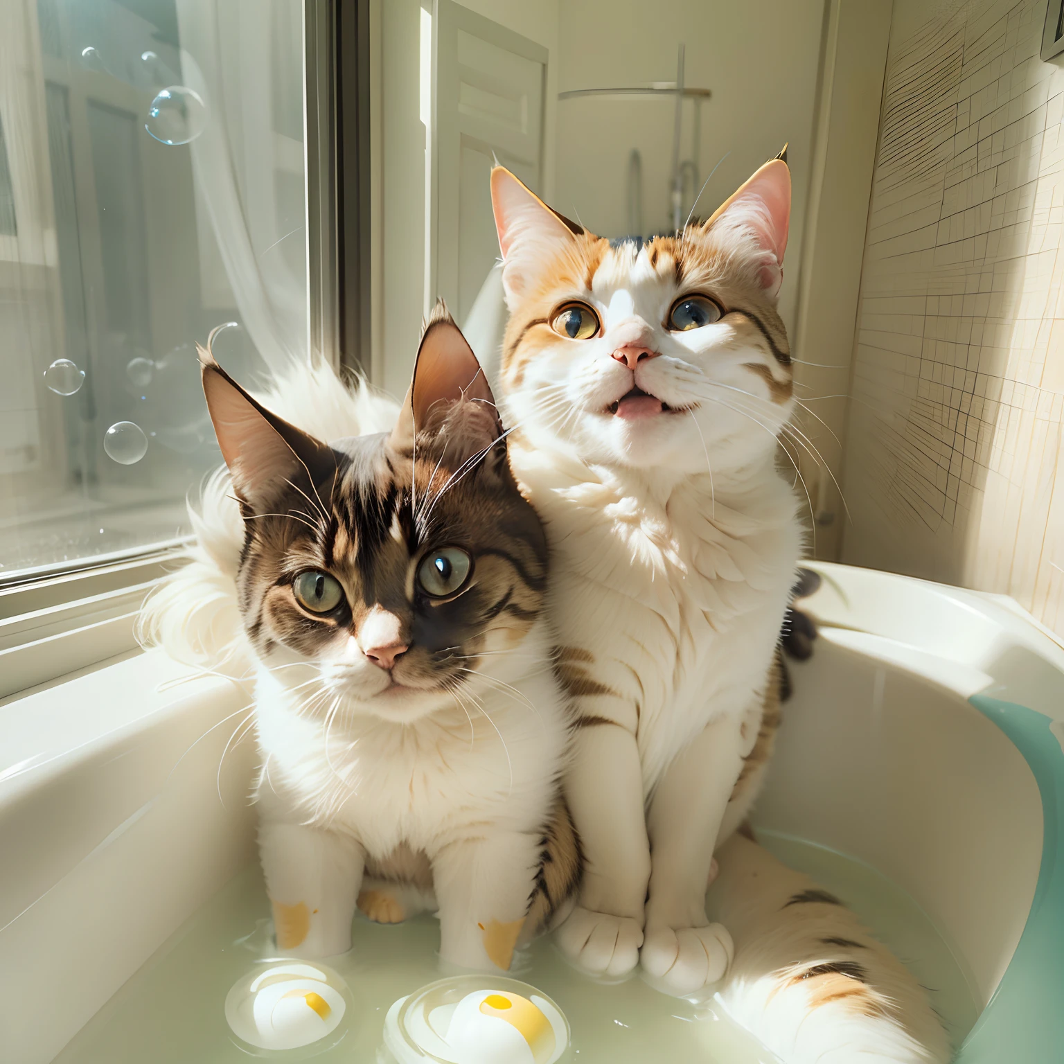 Two round-eyed cats hugged each other and smiled, Bathtub in the bathroom, There are bubbles., Sunlight outside the window