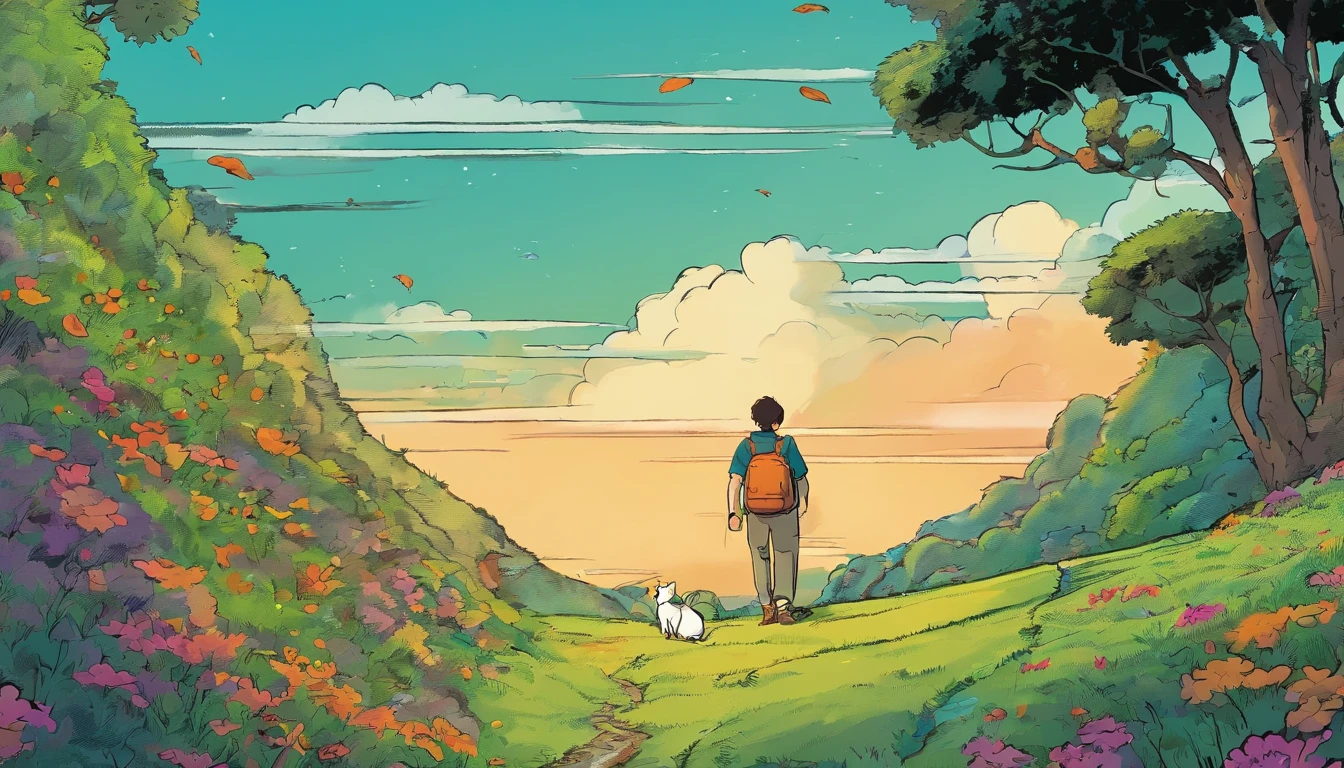 A boy wanderings on hill listening to music. The time is around 6 pm to night, art style is of Ghibli studios