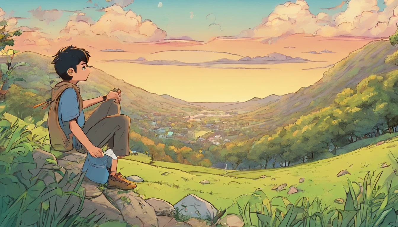 A boy wanderings on hill listening to music. The time is around 6 pm to night, art style is of Ghibli studios
