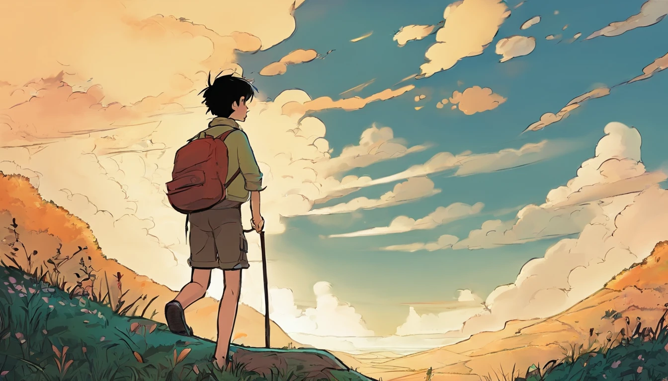 A boy wanderings on hill listening to music. The time is around 6 pm to night, art style is of Ghibli studios